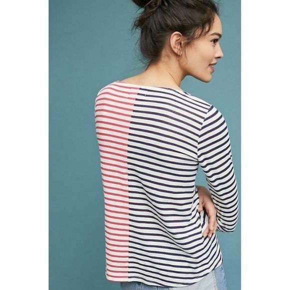 Anthropologie Anthropologie Blocked Striped Boat Neck Top Red & Blue 3/4 S Size XS / US 0-2 / IT 36-38 - 3 Thumbnail