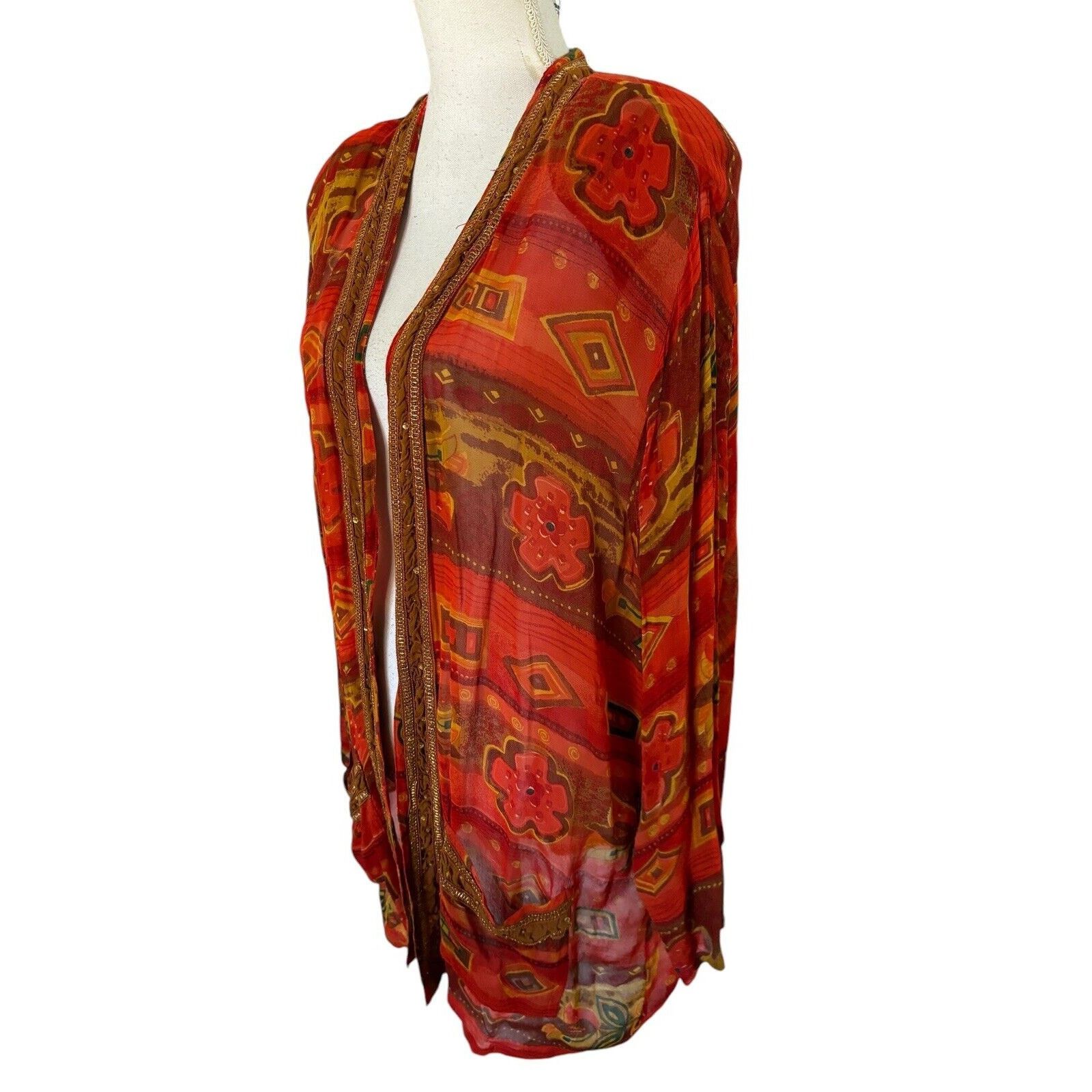Other Tan-Chho Orange Red Yellow Duster Jacket Kimono Rayon Sz 1X Size XL / US 12-14 / IT 48-50 - 4 Thumbnail