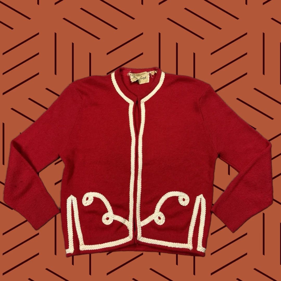 Vintage Vintage 1950s Women's Cherry Red Cardigan Sweater Park Storyk Glam Chainstitch Clasp 34 S Size S / US 4 / IT 40 - 1 Thumbnail