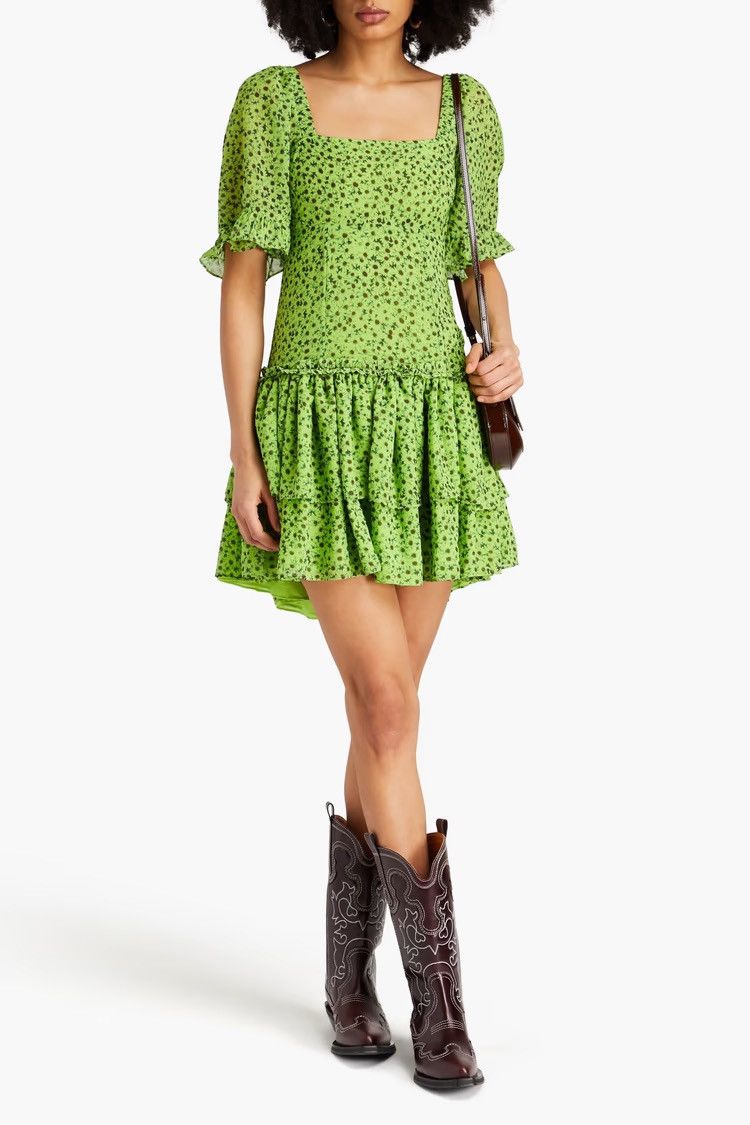 Ganni GANNI Tiered floral-print voile mini dress Green MSRP $275 Size S / US 4 / IT 40 - 1 Thumbnail