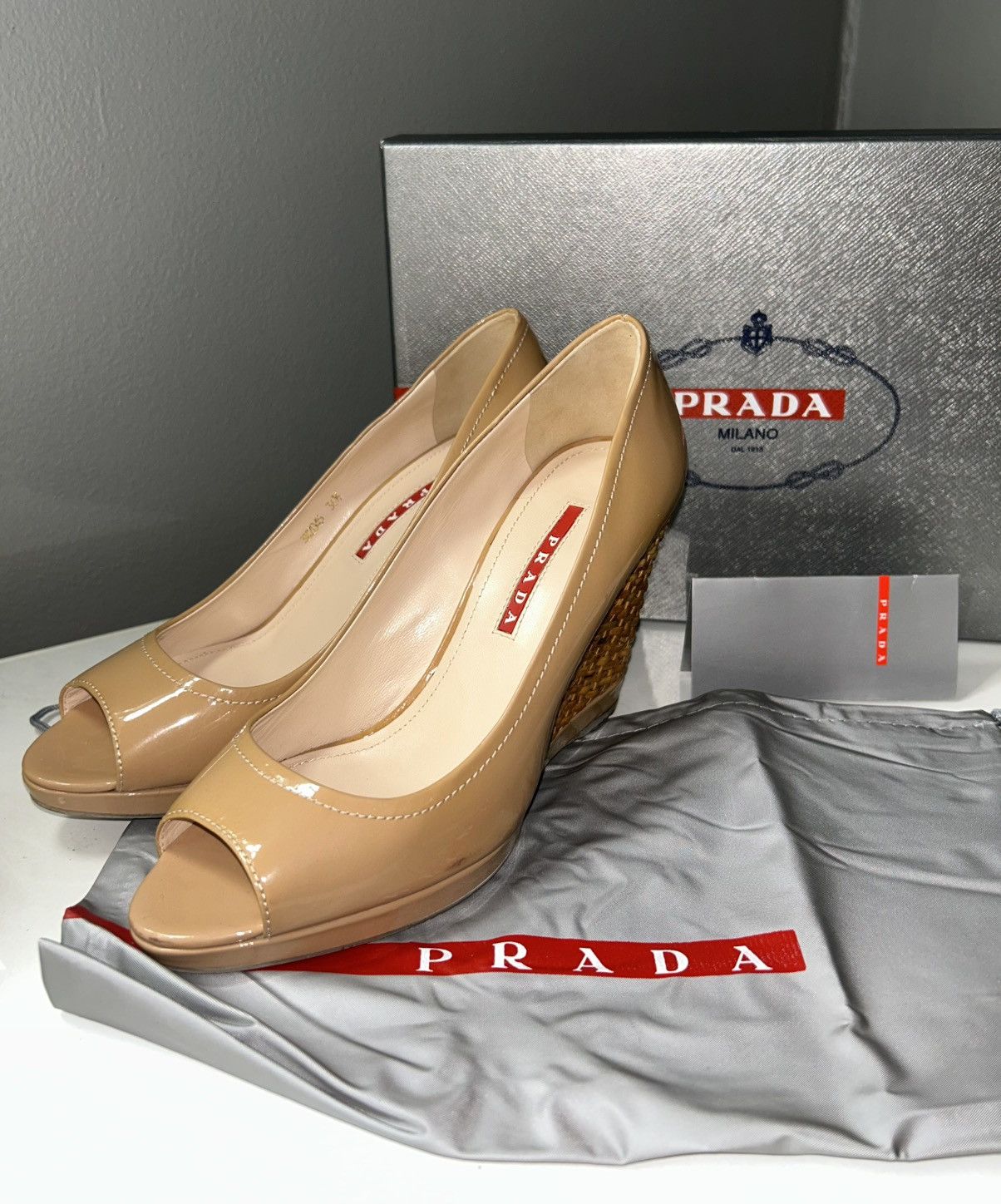 Prada Prada Espadrilles Nude Patent Leather Peep-Toe Wedges s 36.5 Size US 6.5 / IT 36.5 - 13 Thumbnail