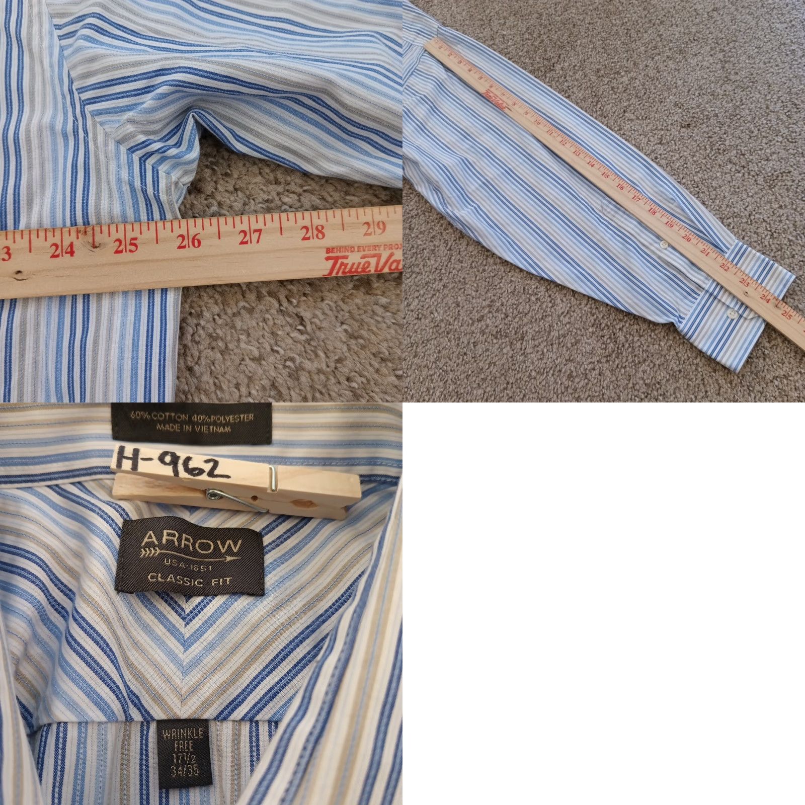 Arrow Arrow Shirt Mens 17.5 Blue Gray Striped Long Sleeve Button-Up Cotton Blend Collar Point Chest Pocket Regular Mens Size US XXL / EU 58 / 5 - 8 Thumbnail