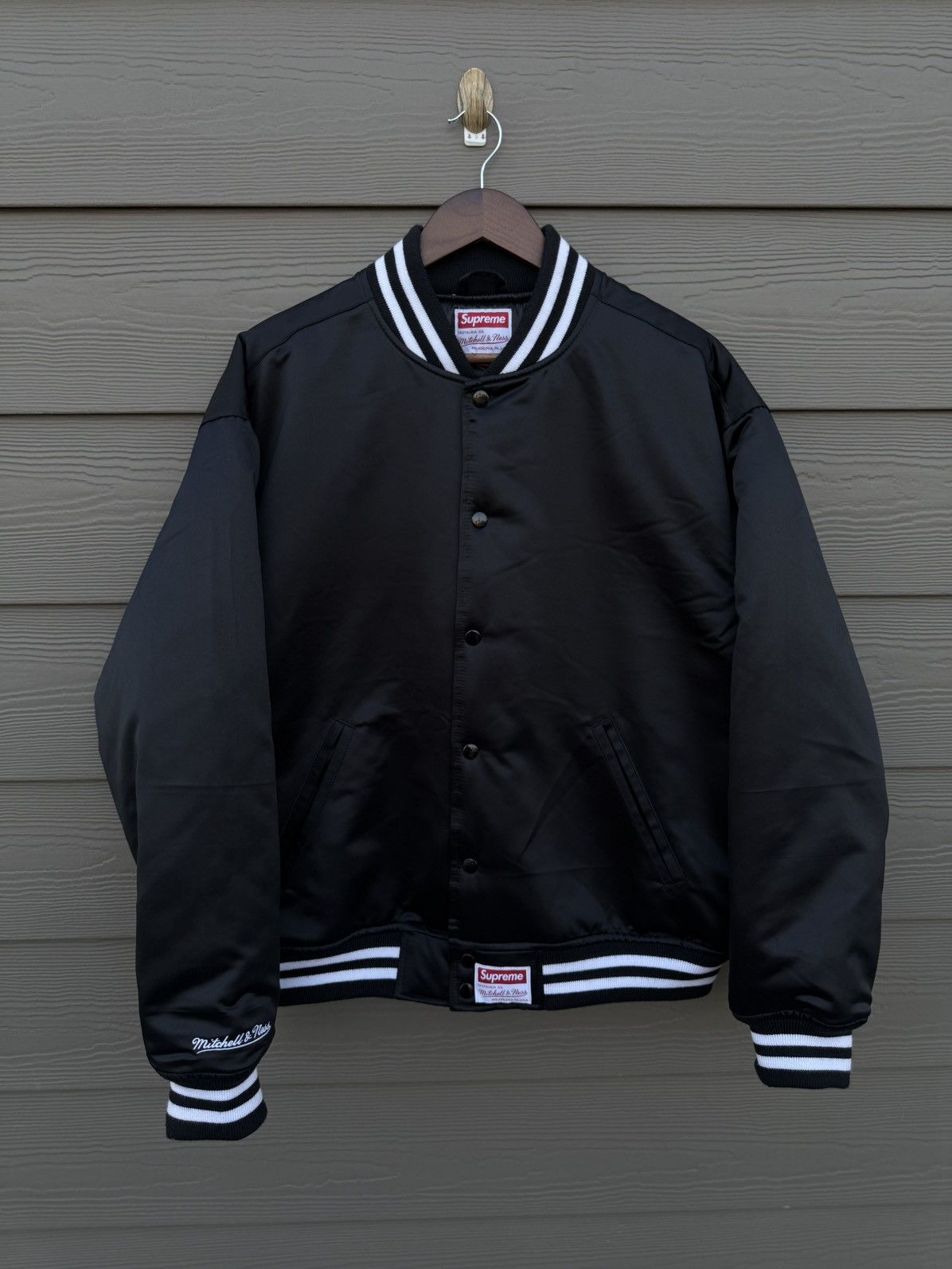 Supreme X Mitchell & Ness Black Satin Jacket Size L
