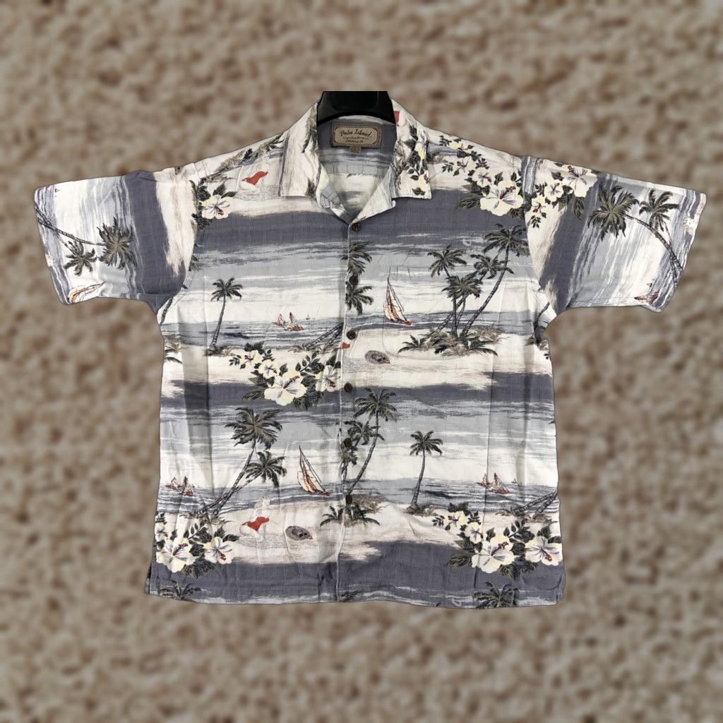 Vintage Palm Island Shirt Men's Beige Gray Hawaiian Cotton Blend Button-Up Short Sleeve Aloha Floral - 40 Chest, L Size US L / EU 52-54 / 3 - 1 Thumbnail