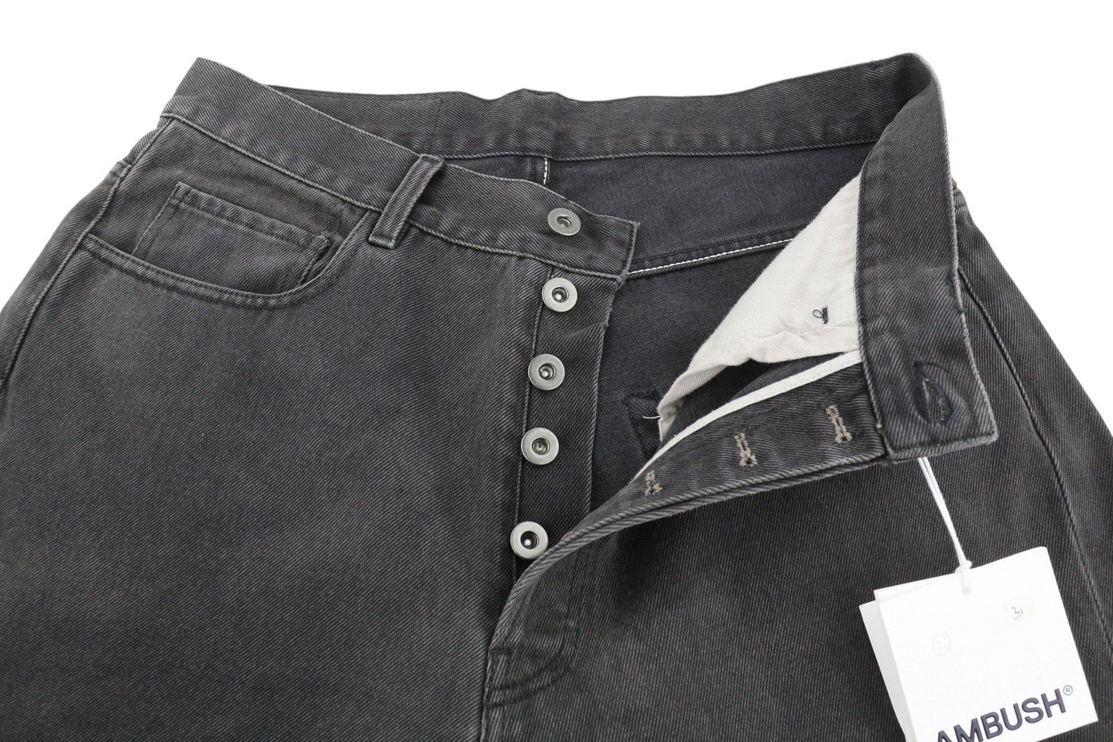 Ambush Design W31 Black Faded Cropped Asymmetric Button Jeans 86793 Size US 31 - 4 Thumbnail
