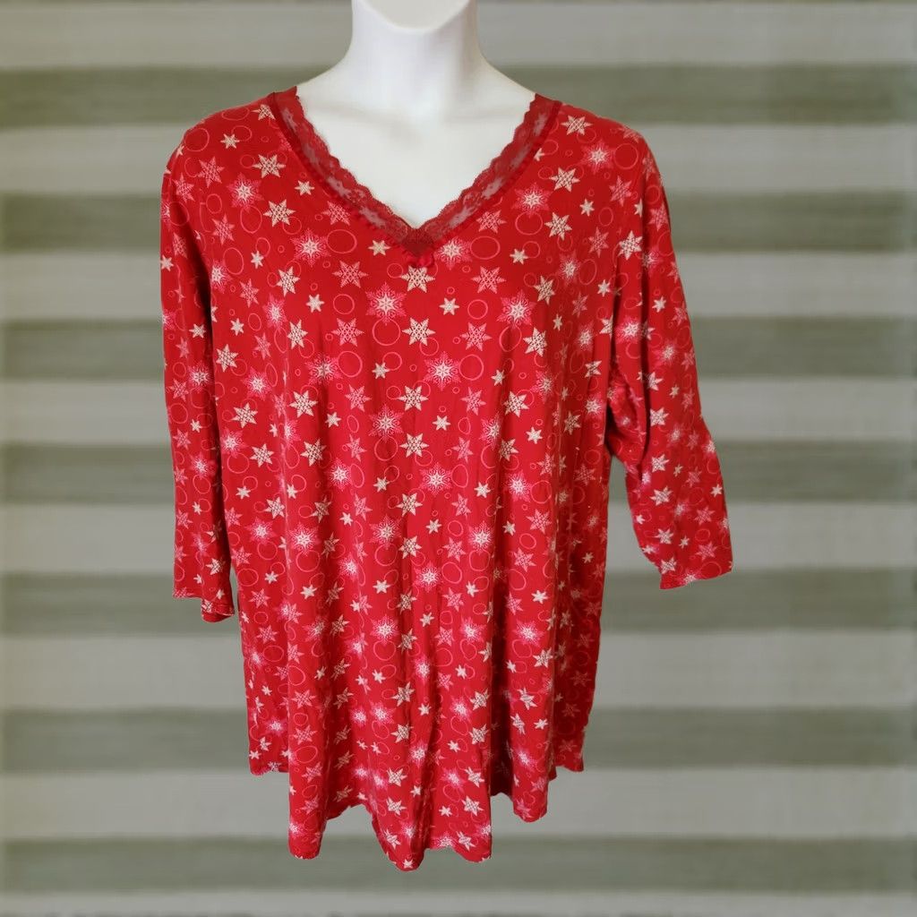 Vintage Cacique Pajama Dress 22 24 Red Snowflake Print Holiday Sleepwear Size 3XL / US 20-22 - 1 Thumbnail