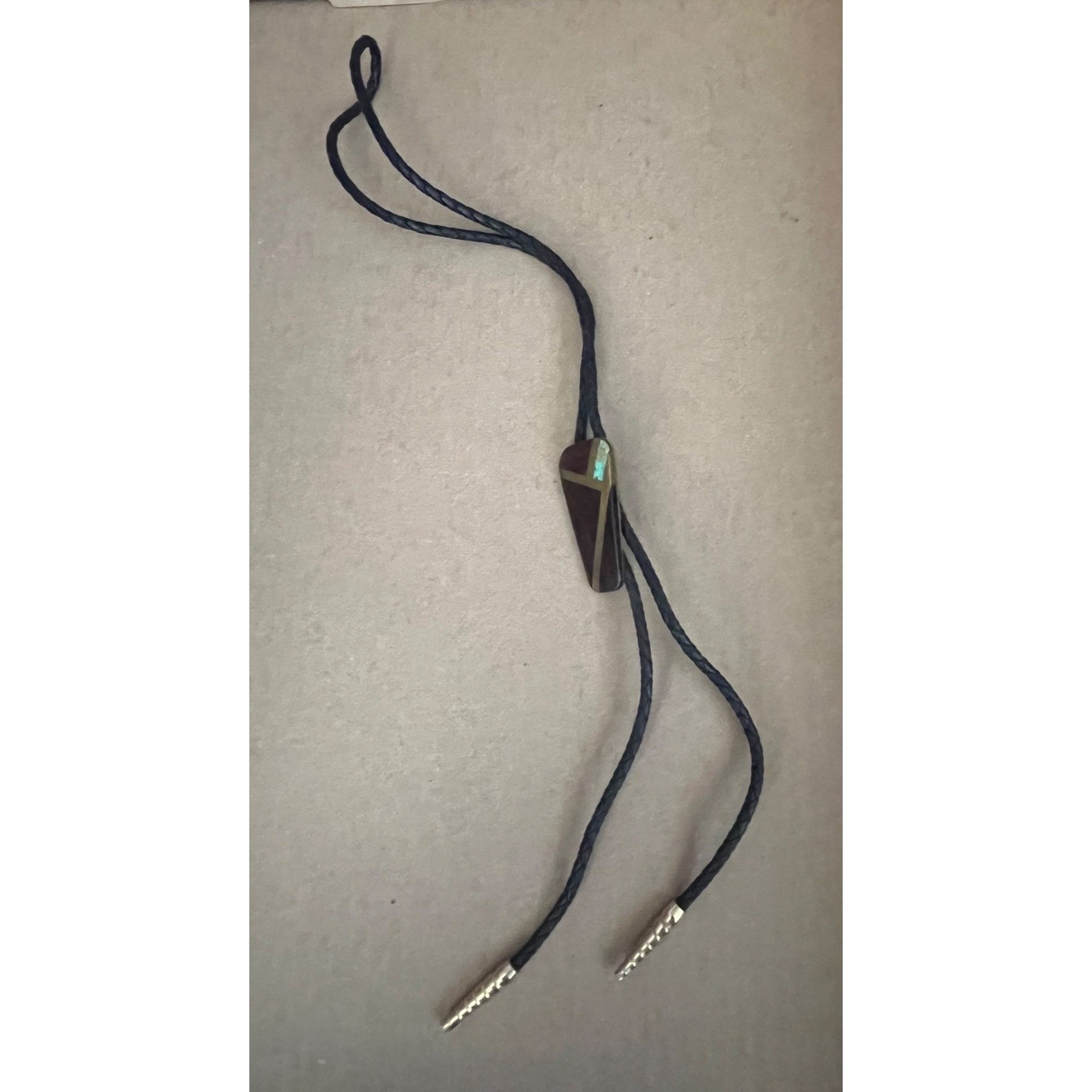 Other Handcrafted Wood & Brass Bolo Tie With Turquoise Inlay Size 36 - 4 Thumbnail