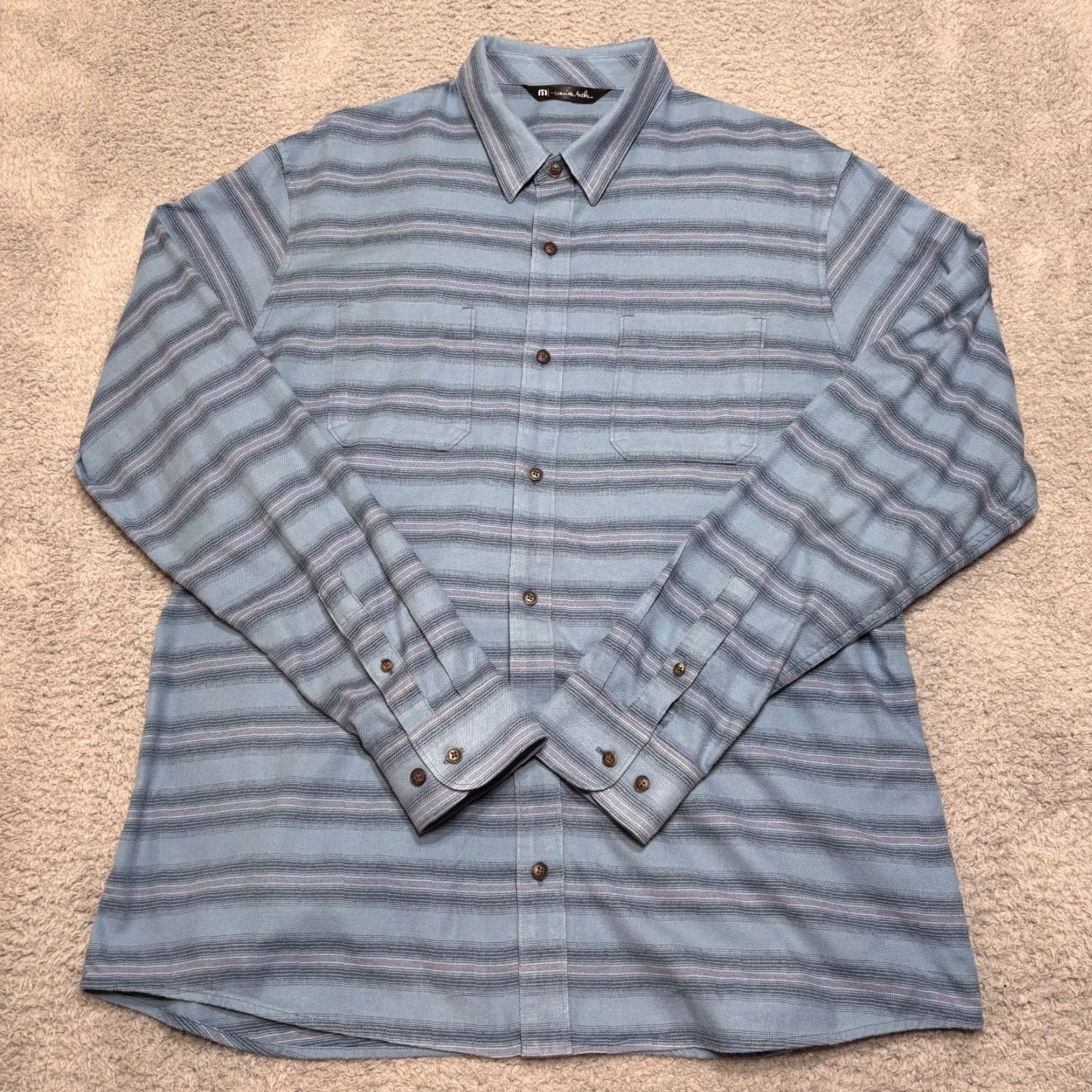 TravisMathew Travis Mathew Shirt Mens L Blue Striped Button-Up Long Sleeve Cotton Blend Stretch Casual St​yle Fashion Size US L / EU 52-54 / 3 - 2 Thumbnail