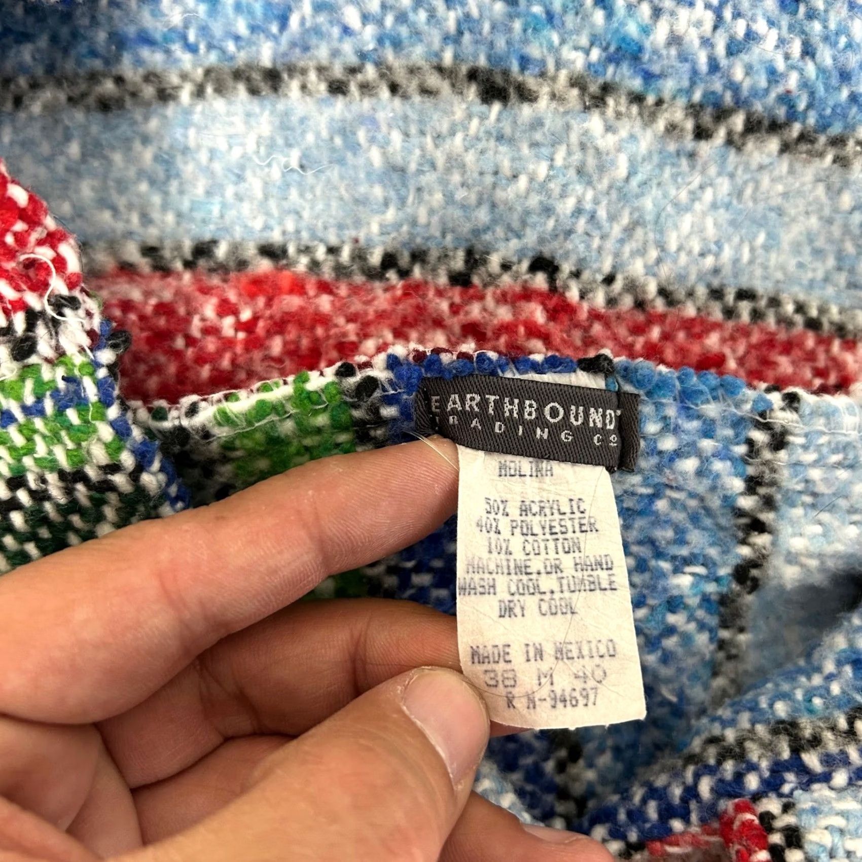 CO Earthbound Trading Co. Baja Hoodie Mens M Multicolor Striped Knit Pullover Hooded Kangaroo Pocket Jerga Boho Surf Ethnic Woven Blanket Size US M / EU 48-50 / 2 - 3 Thumbnail