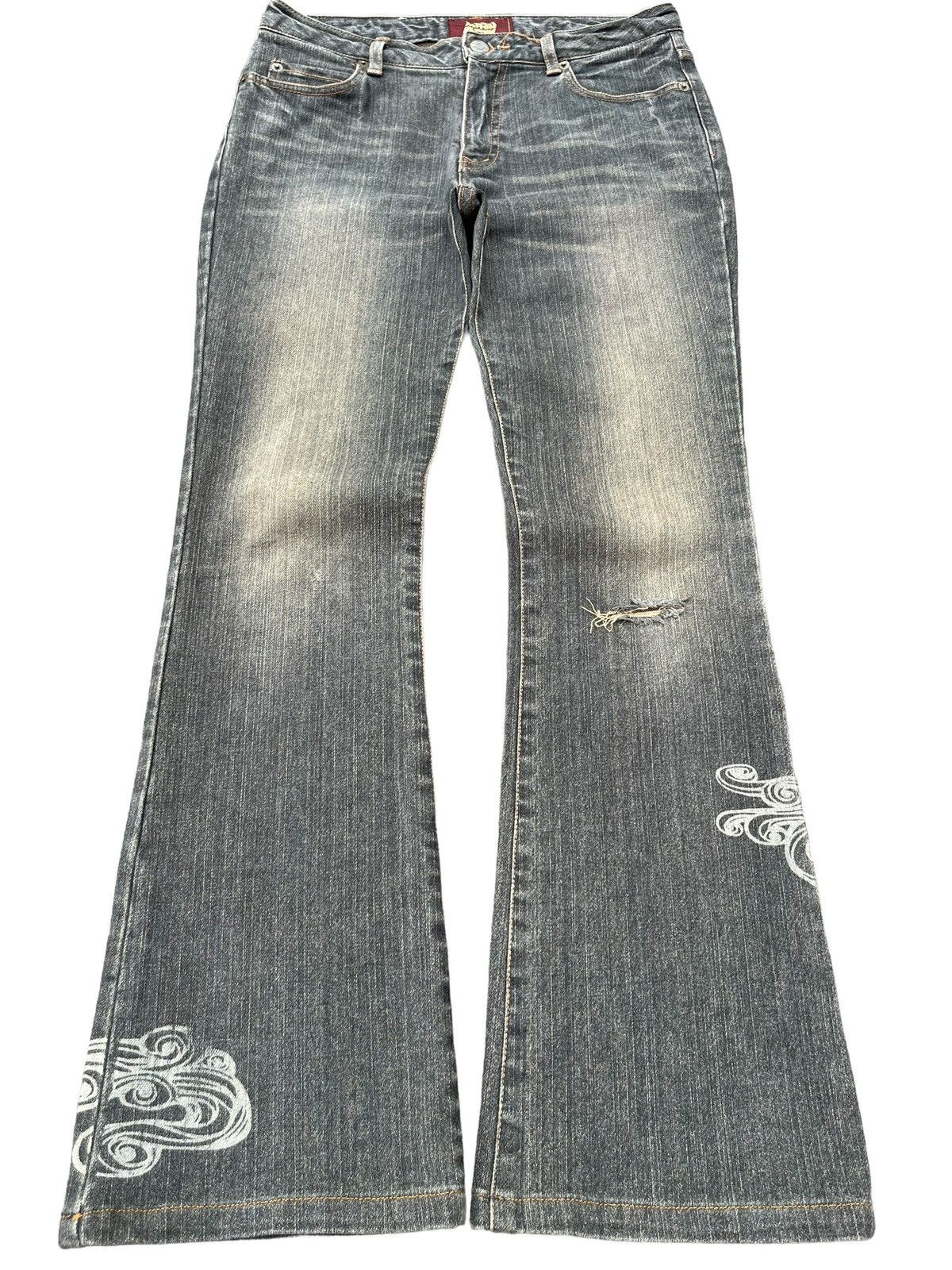 Vintage Japanese Brand Tribal Printed Mud Washed Flare Jeans