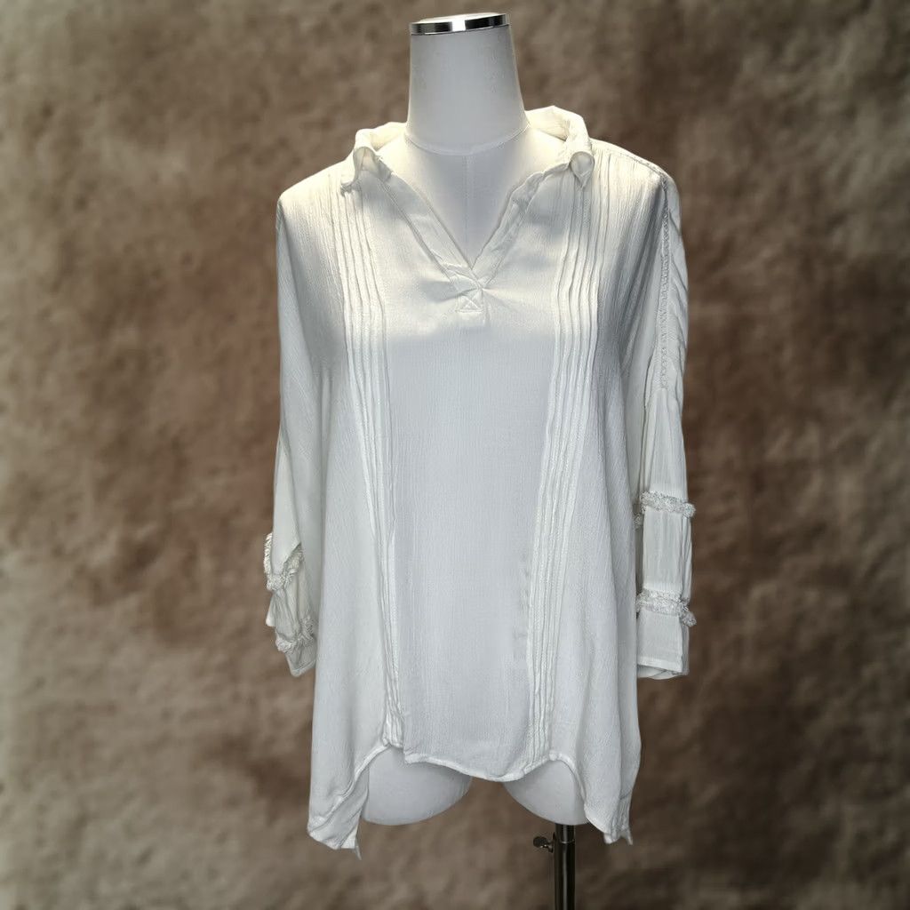 Vintage RD Style Womens Blouse Shirt Bell Sleeve V-Neck White Solid Hippie Boho Casual Top S Regular Size S / US 4 / IT 40 - 1 Thumbnail