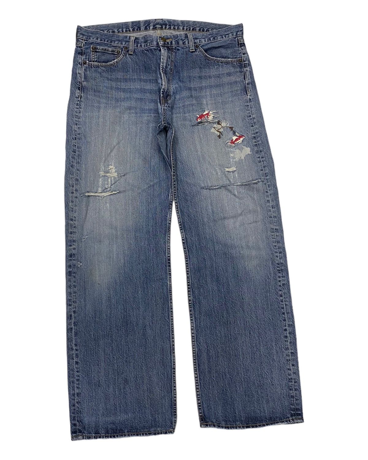 Japanese Brand 🔥JAPANESE KOI FISH EMBROIDERY BAGGY DISTRESS DENIM JEANS Size US 38 / EU 54 - 2 Thumbnail