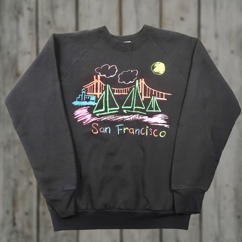 Fruit Of The Loom VINTAGE 90s San Francisco Sweatshirt Black Neon Graphic USA Made Mens L Large Size US L / EU 52-54 / 3 - 1 Thumbnail