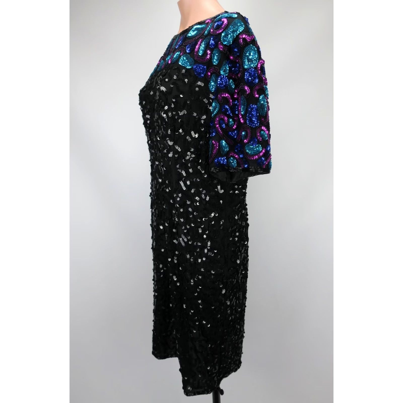 Pinko VINTAGE Laurence Kazar Gown Dress Beaded Sequin Evening Silk XL Blue Diamonds Gatsby Party Flapper Knee Length Size XL / US 12-14 / IT 48-50 - 7 Thumbnail