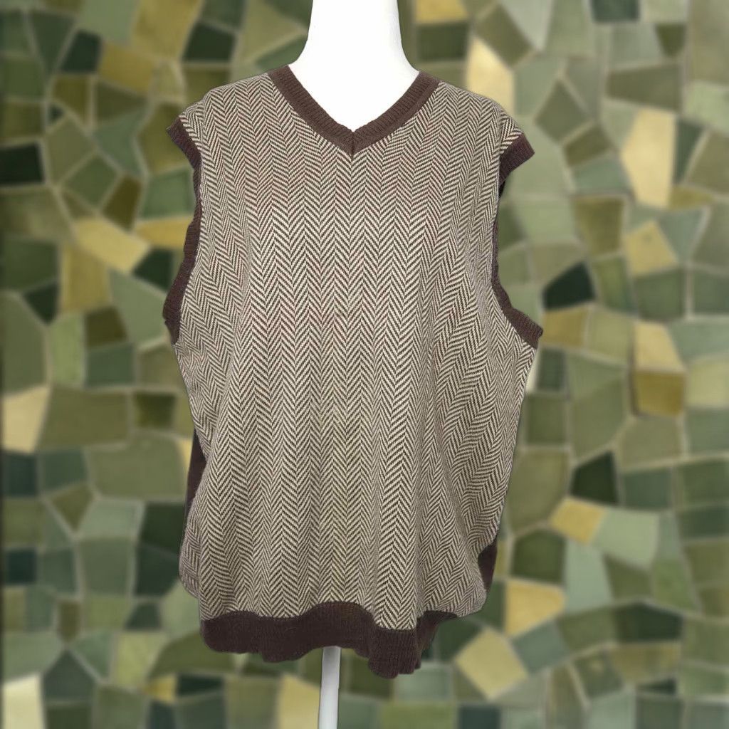 Vintage American Classics by Russell Simmons Brown Tan Herringbone Knit Sweater Vest L Men V-Neck Knitted Cotton Blend Casual Size US L / EU 52-54 / 3 - 1 Thumbnail