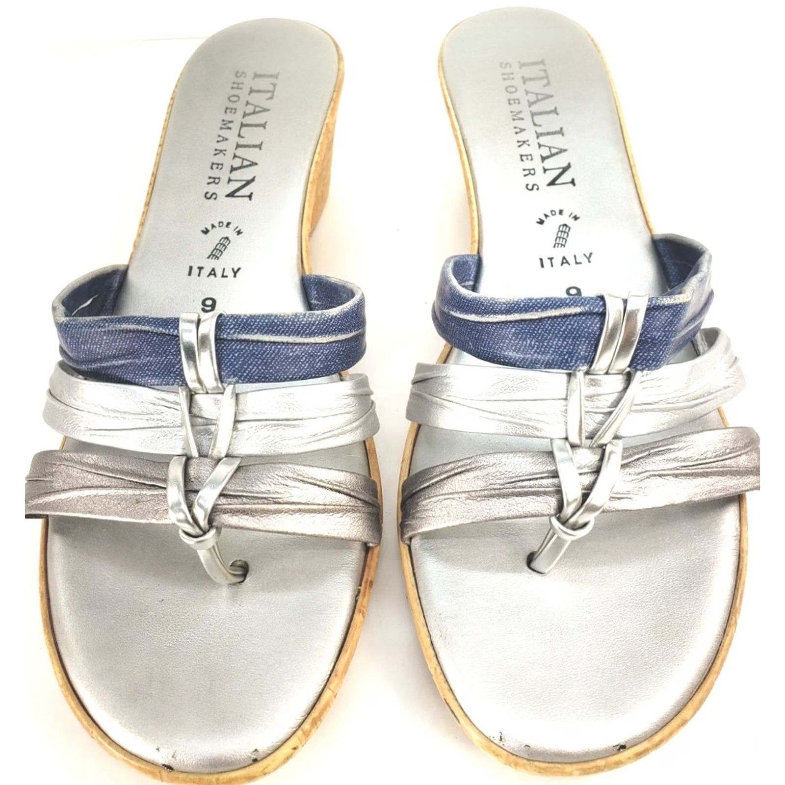 Vintage ITALIAN Shoemaker Denim Silver Wedge Slide Sandal Silver Tone Accent Sz 9 Size US 9 / IT 39 - 3 Thumbnail