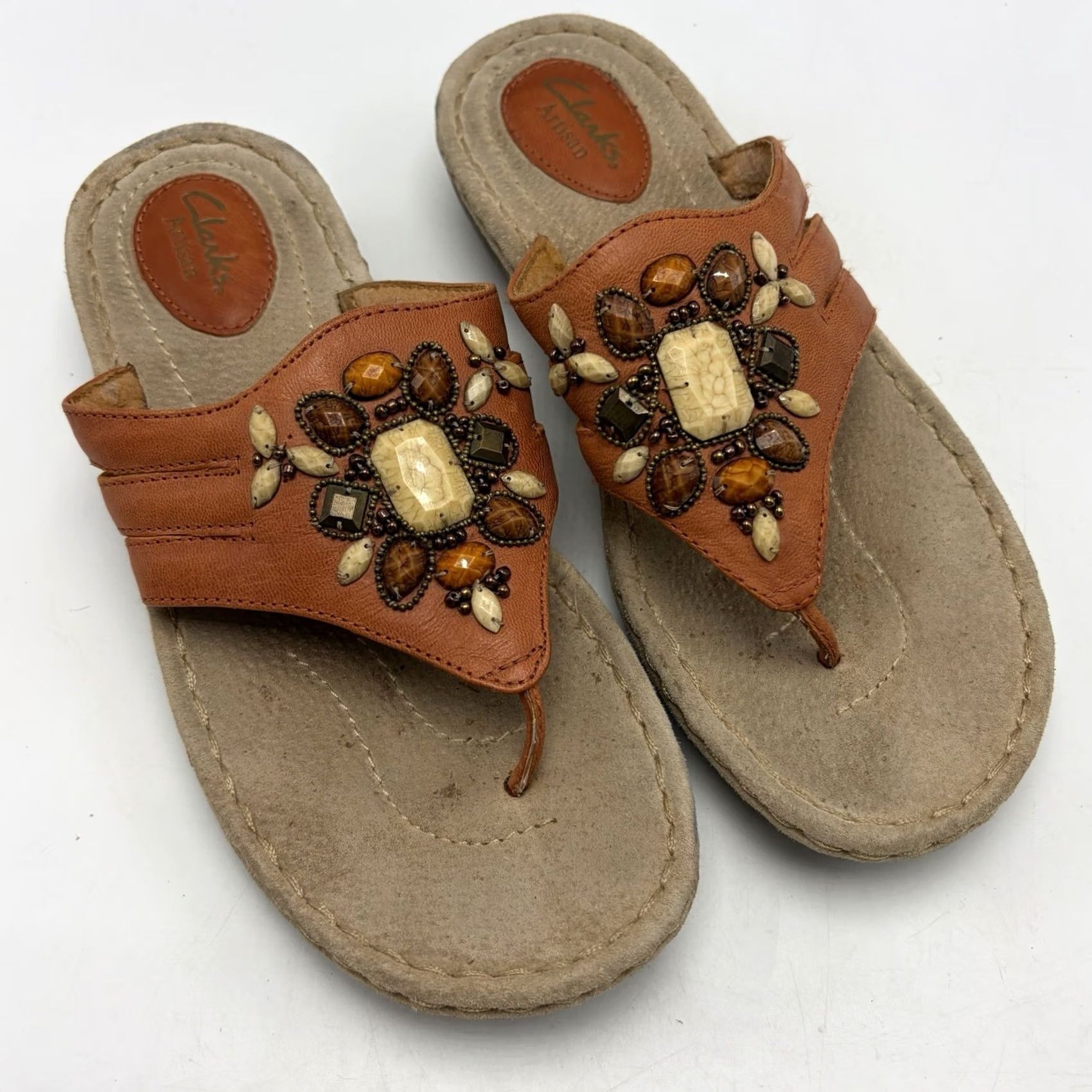 Clarks Clarks Artisan Sandals Womens 8 M Orange Leather Beaded Boho Thong Read Size US 7 / IT 37 - 2 Thumbnail