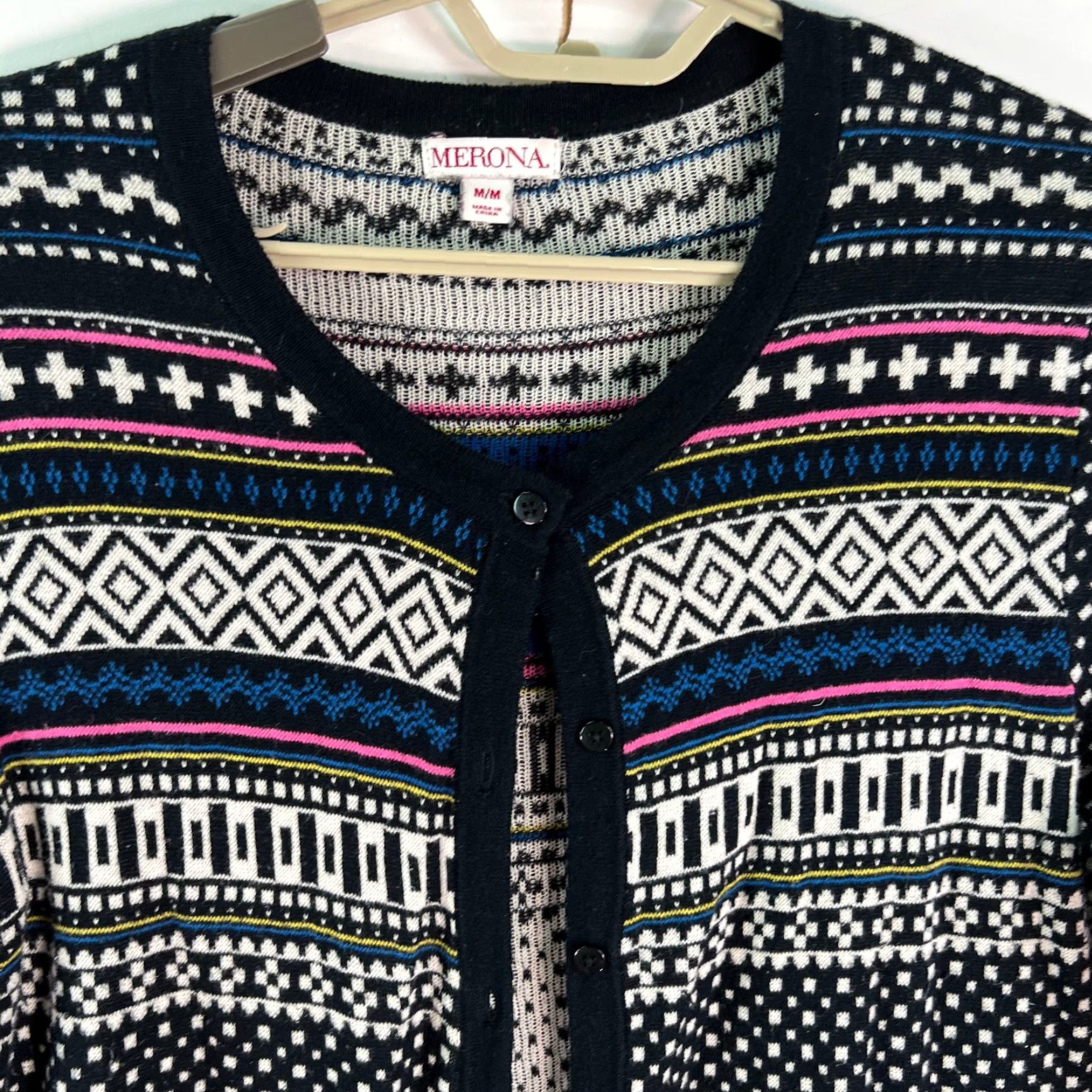 Merona Merona Cardigan Womens Knit Black Button Front V-Neck 28 in Long Sleeve Size M Geometric Pattern 100% Cotton Regular Fit Winter Classic Size M / US 6-8 / IT 42-44 - 3 Thumbnail