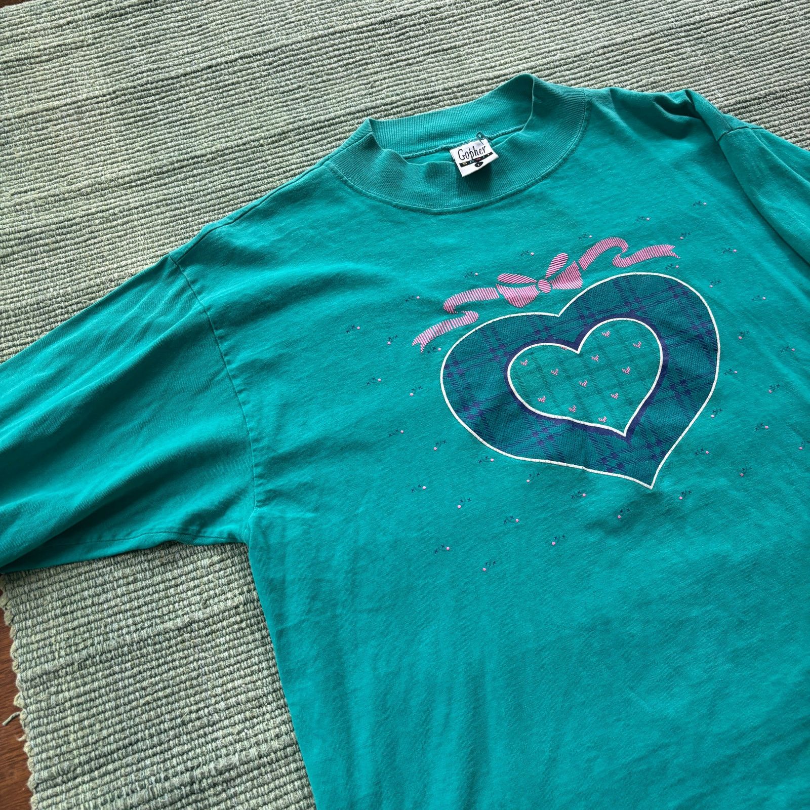 Vintage Vintage 90s Teal Green Heart Mock Neck Long Sleeve Shirt Size US L / EU 52-54 / 3 - 4 Thumbnail