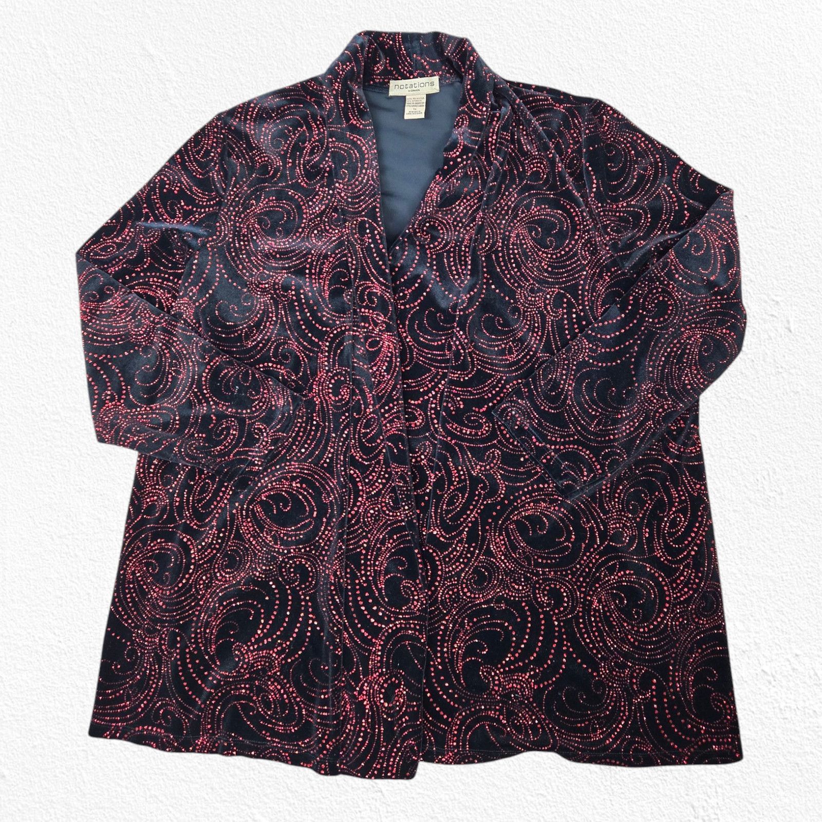 Vintage Y2K Black Red Glitter Velvet Open Front Jacket Size 1X Size XXL / US 16-18 / IT 52-54 - 2 Thumbnail