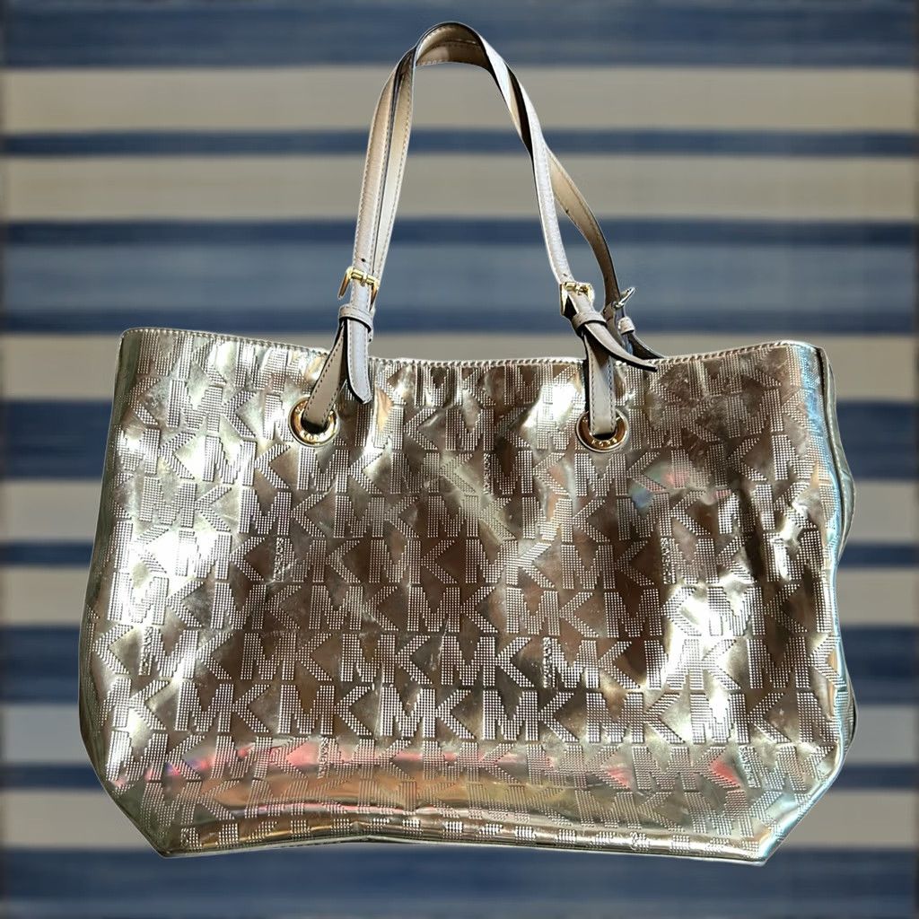 Vintage Michael Kors Gold Metallic MK Logo Tote Large ShoulderBag Purse W/Dust Cover See Size ONE SIZE - 1 Thumbnail