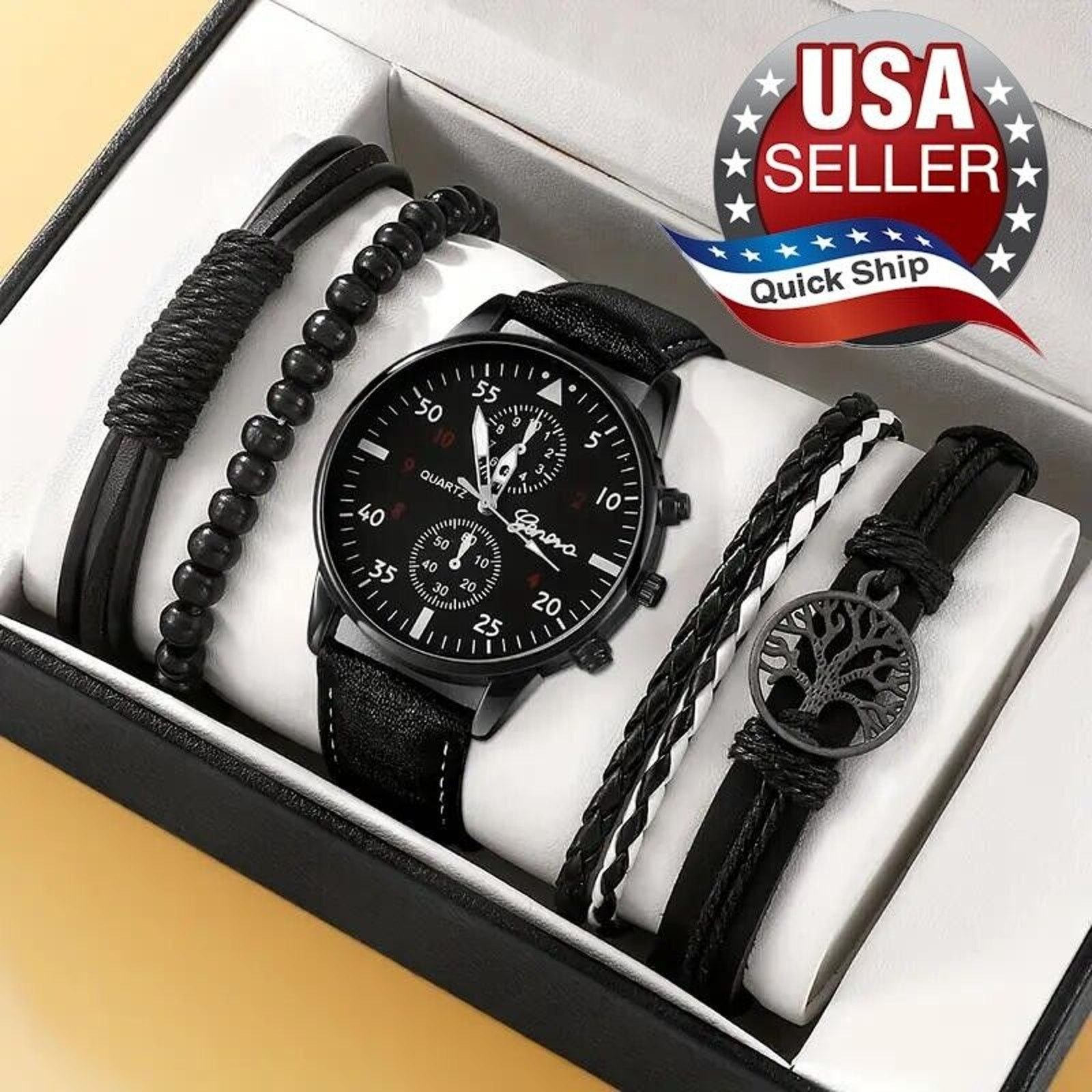 Other 5pc Elegant Quartz Watch Tree of Life & Leather Bracelet Set Size ONE SIZE - 1 Thumbnail