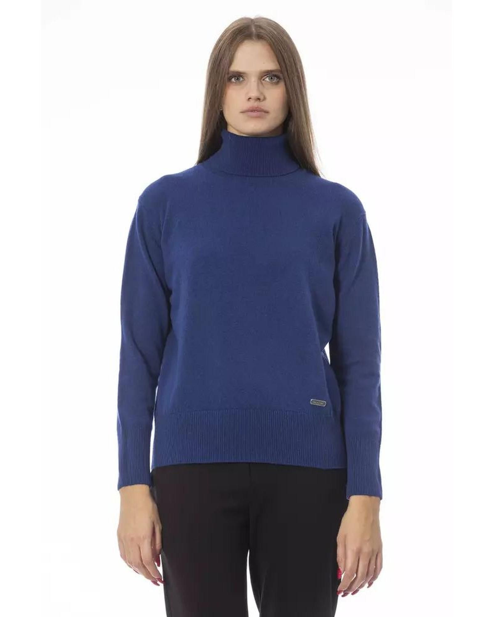 image of Baldinini Ribbed Wool Turtleneck Sweater in Blue, Women's (Size Small)