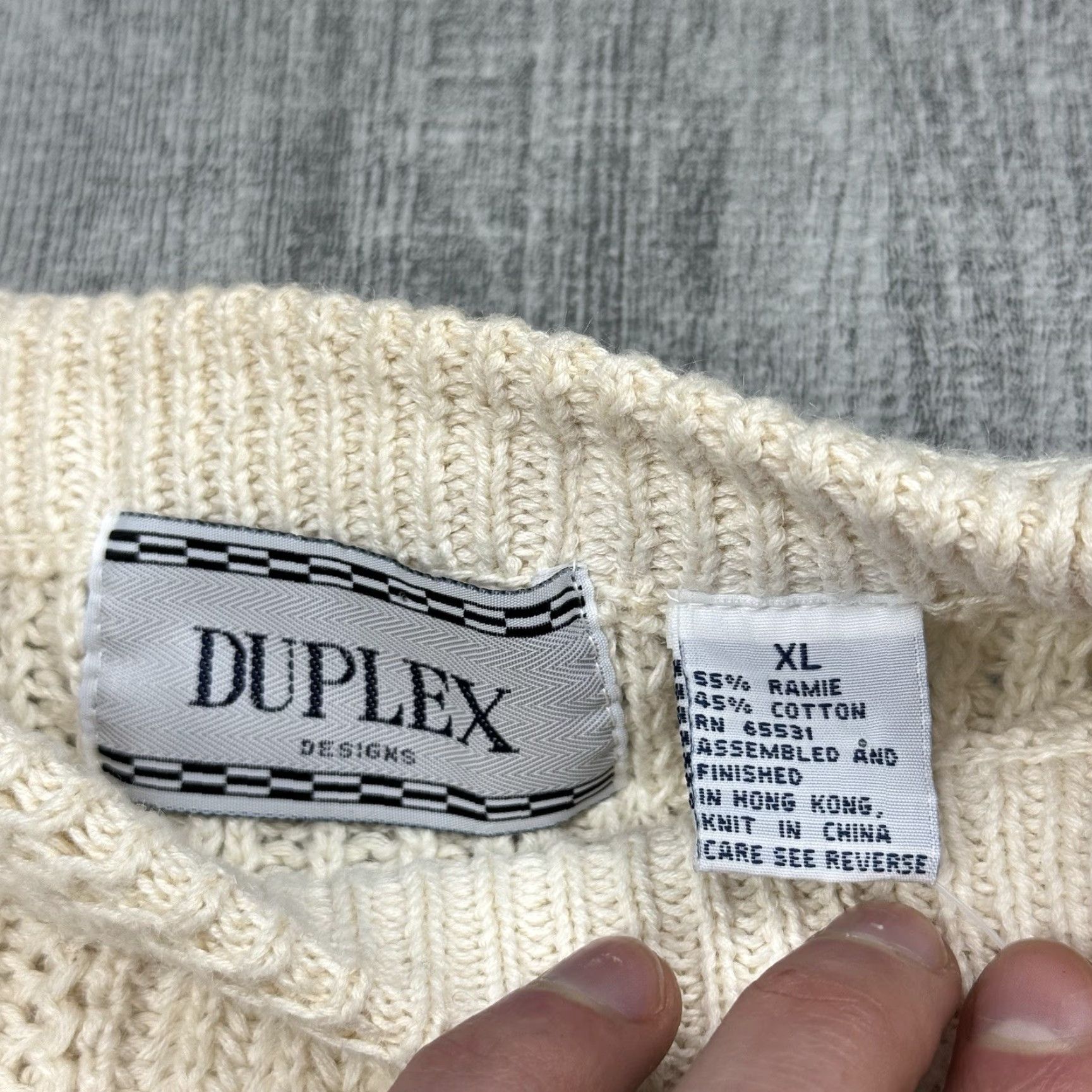 VINTAGE Duplex Designs Knit Sweater Pullover Crew Neck Men’s Size XL Ivory Cable-Knit 90s