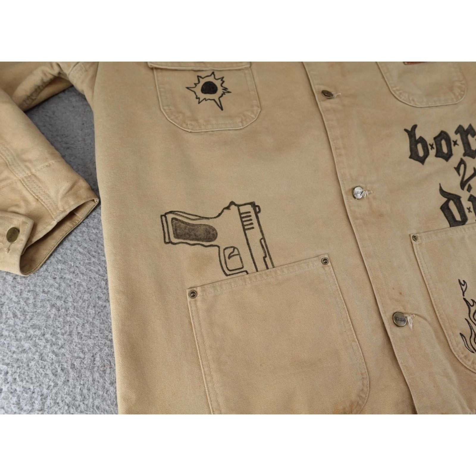 Carhartt VINTAGE Carhartt Jacket Mens LT Beige Duck Canvas Chore Coat Fire Flames Hand-Painted Logo Pockets Lined Insulated Workwear Size US L / EU 52-54 / 3 - 7 Thumbnail