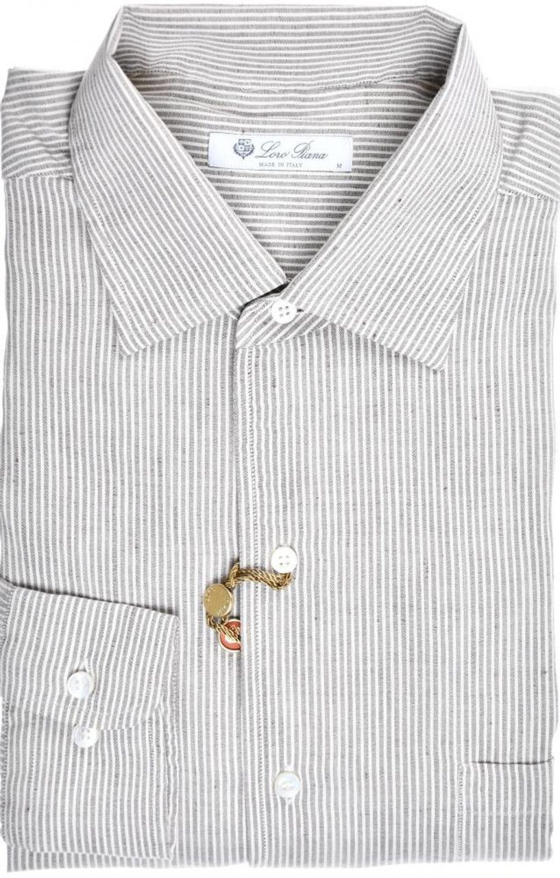 Loro Piana o1w1db10724 Medium Linen Stripe Silk Shirt in White/Grey Size US XXL / EU 58 / 5 - 1 Thumbnail