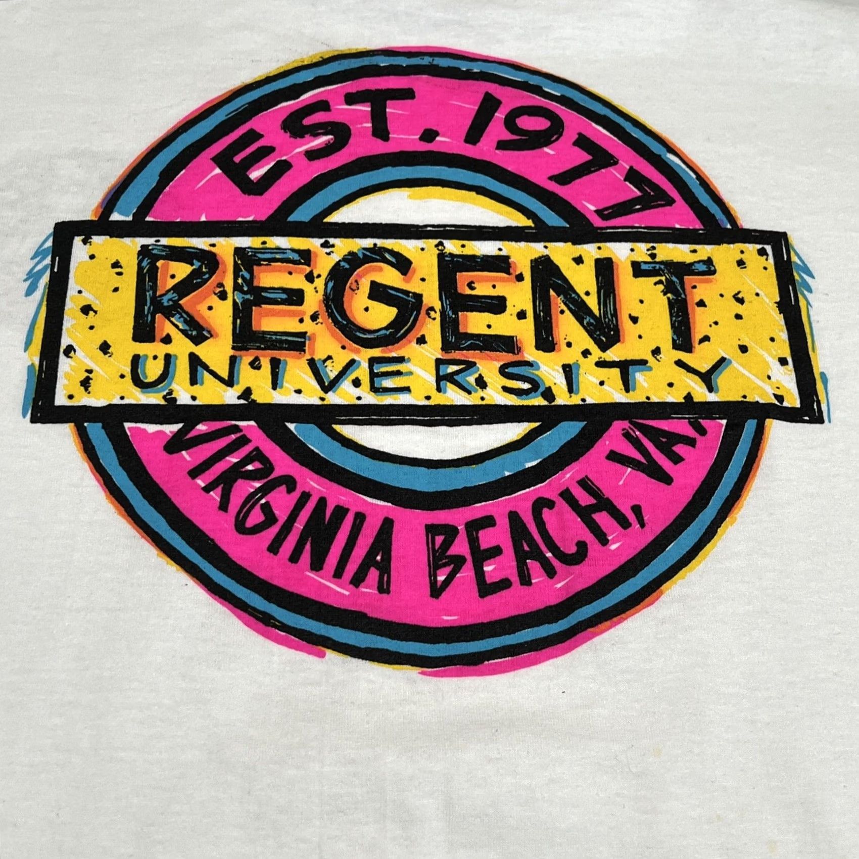 Hanes VINTAGE Regent University Virginia Beach Va Single Stitch Neon Logo T Shirt Men Medium Unisex White 1980s Hanes Graphic Tee Sportswear Beach Size US M / EU 48-50 / 2 - 2 Thumbnail