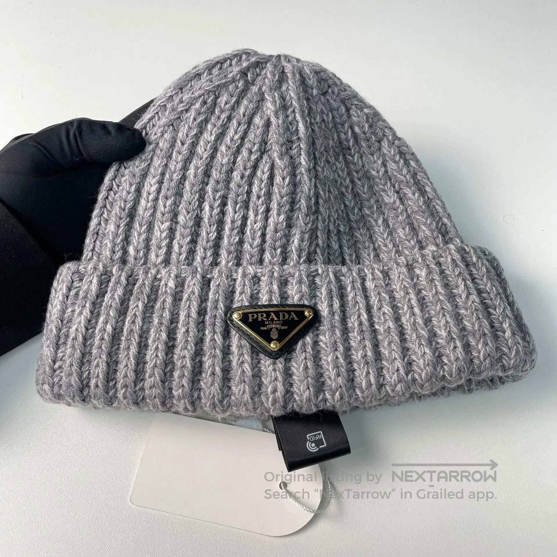 Prada Prada Gray Wool Knit Triangular Logo Cold Hat Knit Cap| Size ONE SIZE - 1 Thumbnail