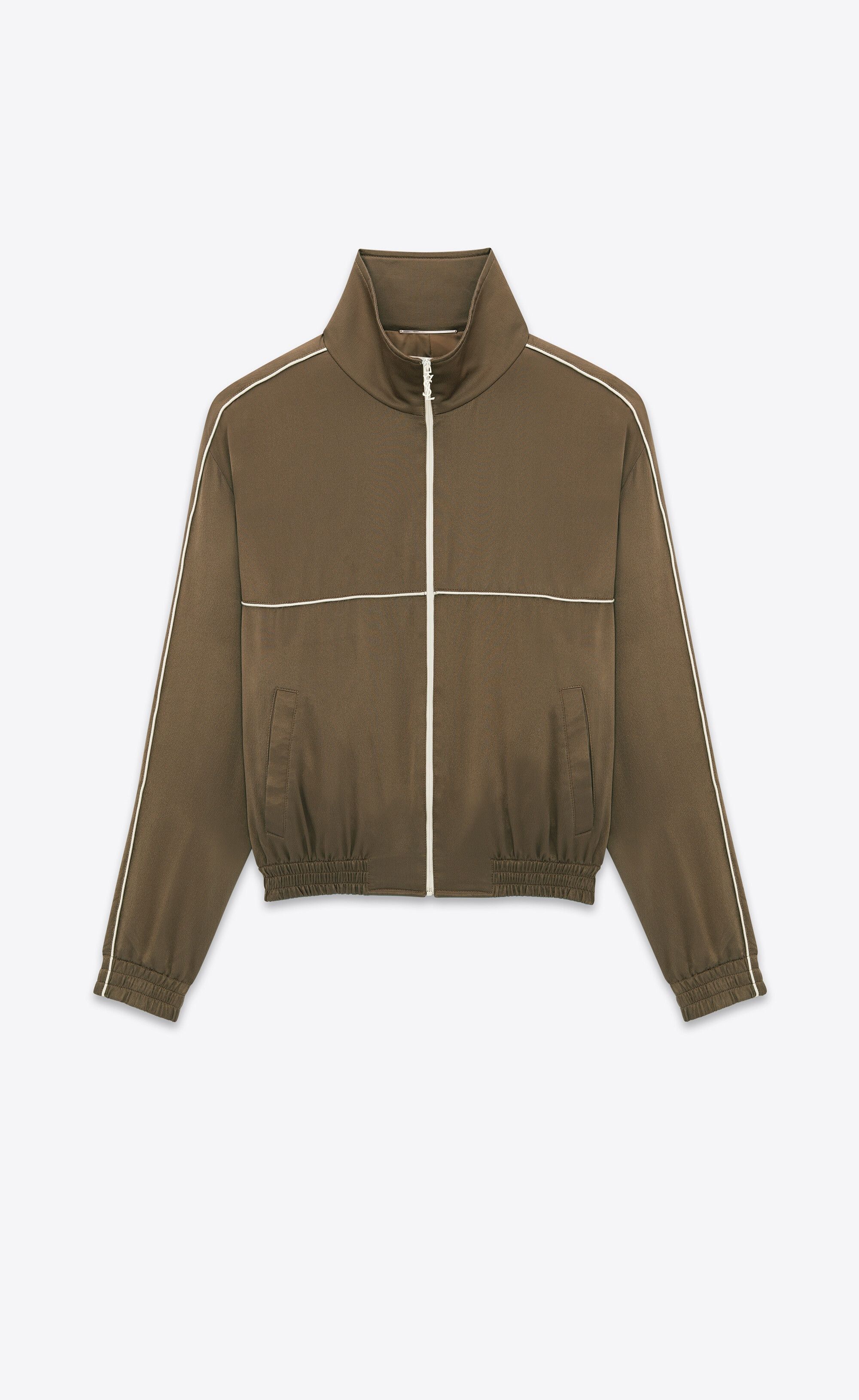 Saint Laurent Paris o1s1wg110225 733679 Teddy Jacket in Crepe Satin Brown/White Size US M / EU 48-50 / 2 - 1 Thumbnail