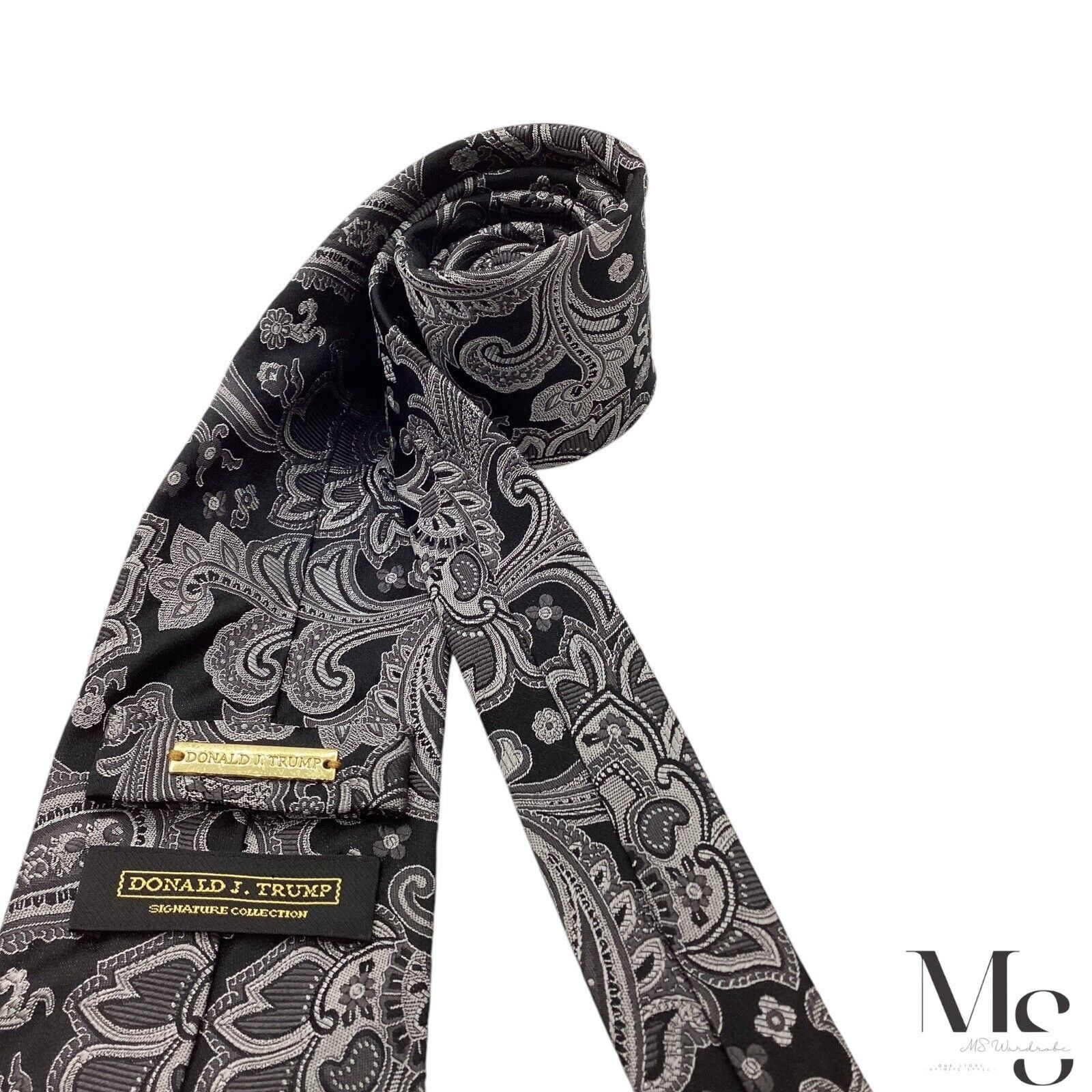 Donald Trump DONALD J. TRUMP Black & Silver Paisley Luxury Silk Tie Hand Size ONE SIZE - 6 Thumbnail