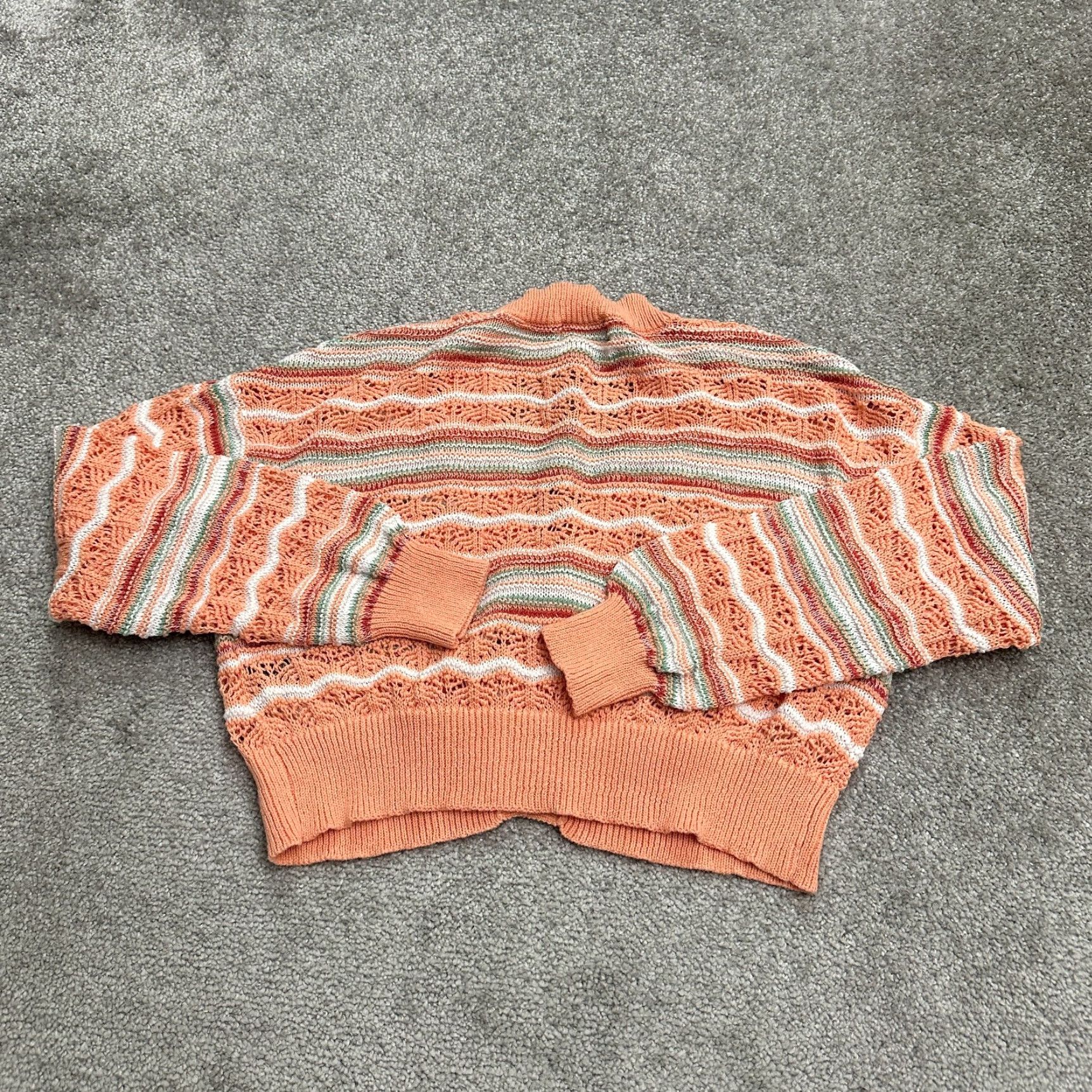 Vintage Major Label Group Cardigan Women S Orange Striped Crochet Cotton Spandex Open-Knit Button Logo Breathable Lightweight Casual Womens Size S / US 4 / IT 40 - 2 Thumbnail