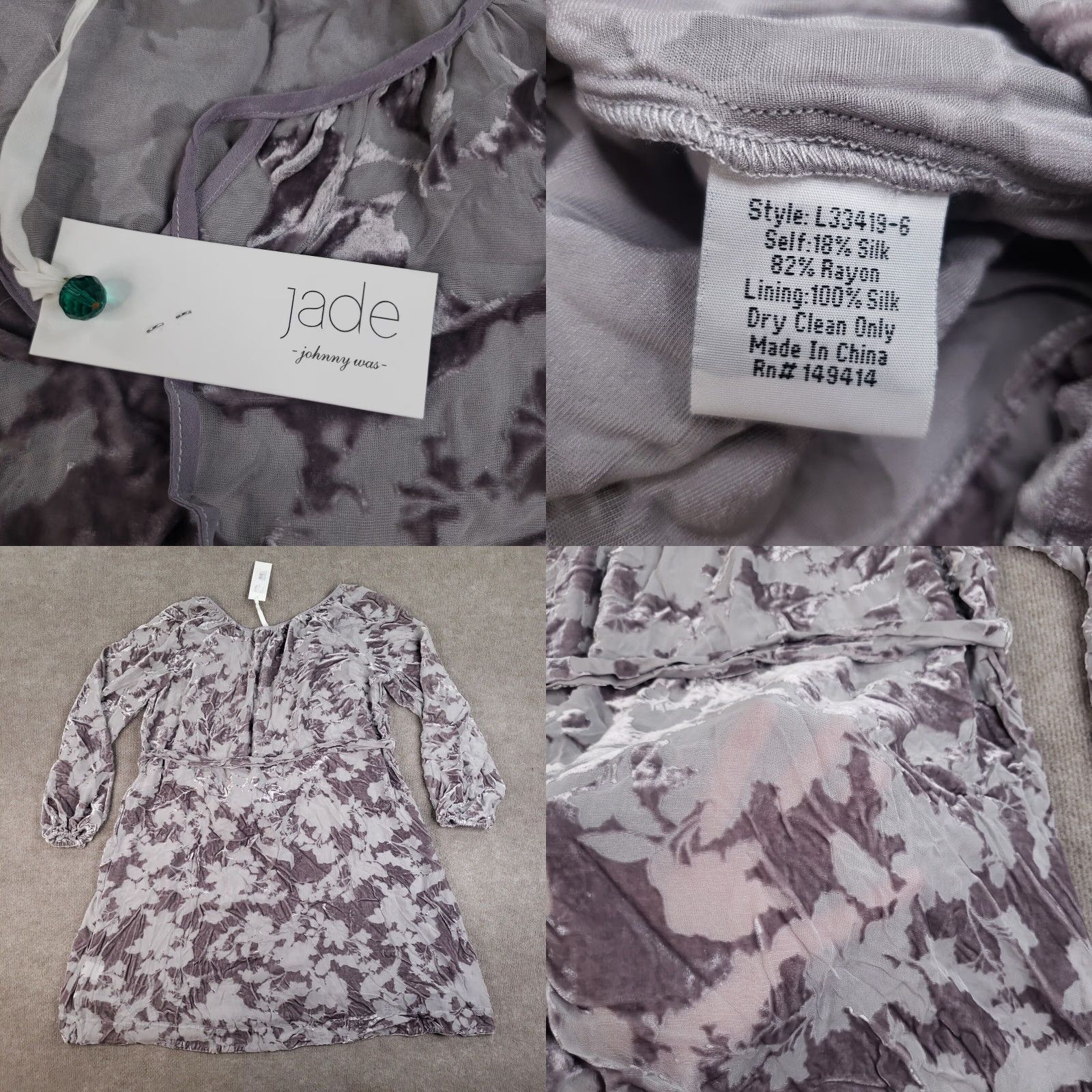 Johnny Was Johnny Was Floral Peasant Mini Dress Womens Medium Gray Velvet Long Sleeve V-Neck Casual Size M / US 6-8 / IT 42-44 - 8 Thumbnail