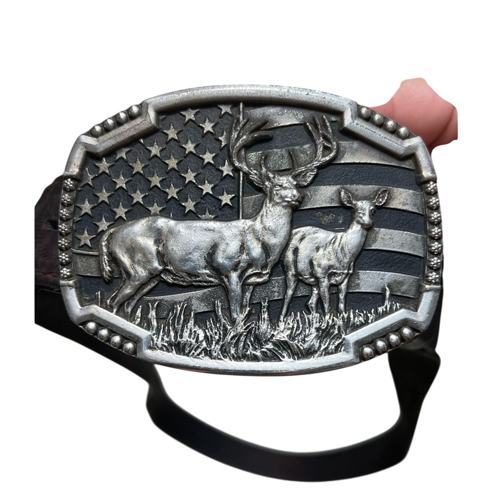 Claude Montana Montana Silversmiths Pair Deer Buckle USA W/ Wrangler Belt Size 42 - 1 Thumbnail