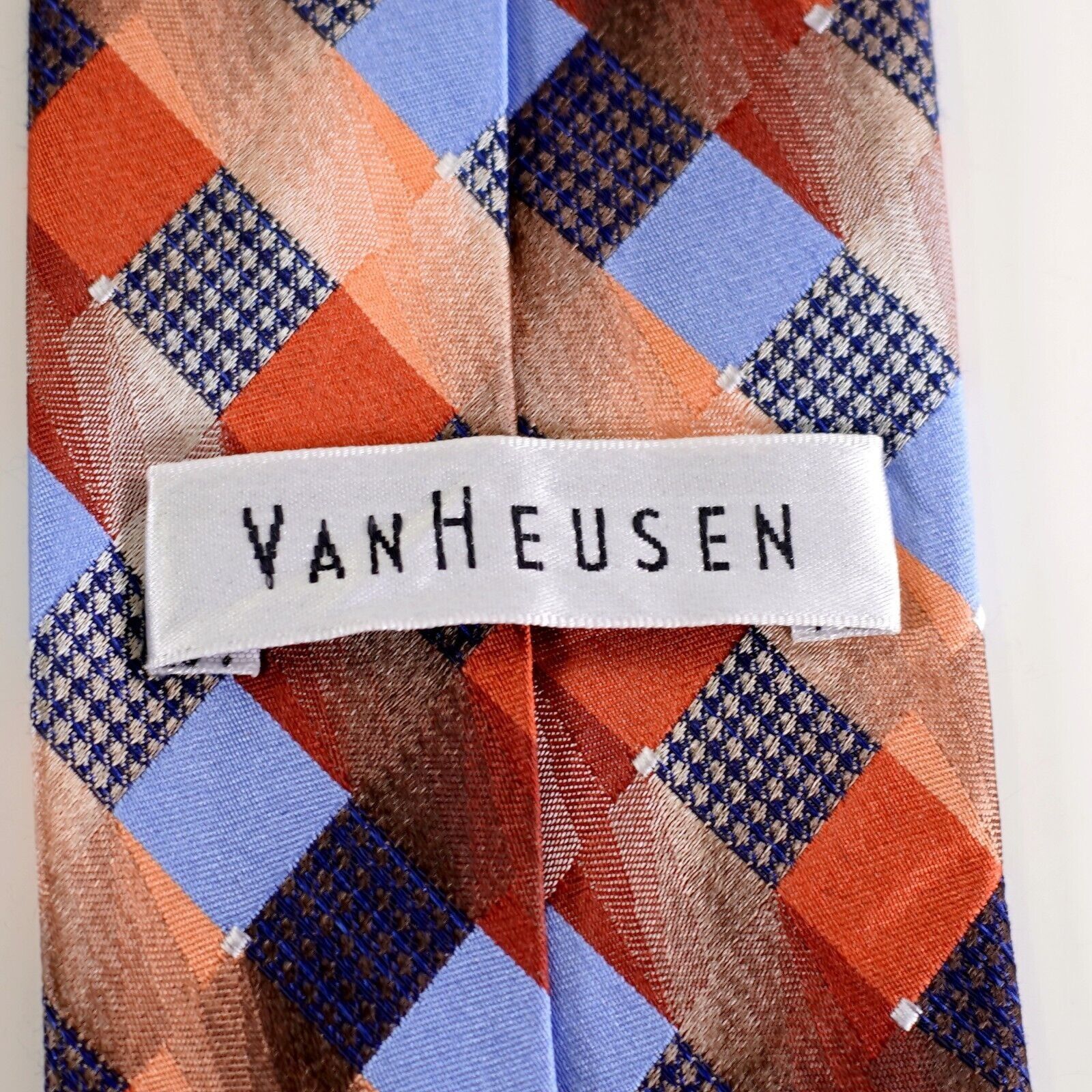 Van Heusen Van Heusen Orange Blue Woven Check Plaid Lyocell Silk Tie Size ONE SIZE - 3 Thumbnail