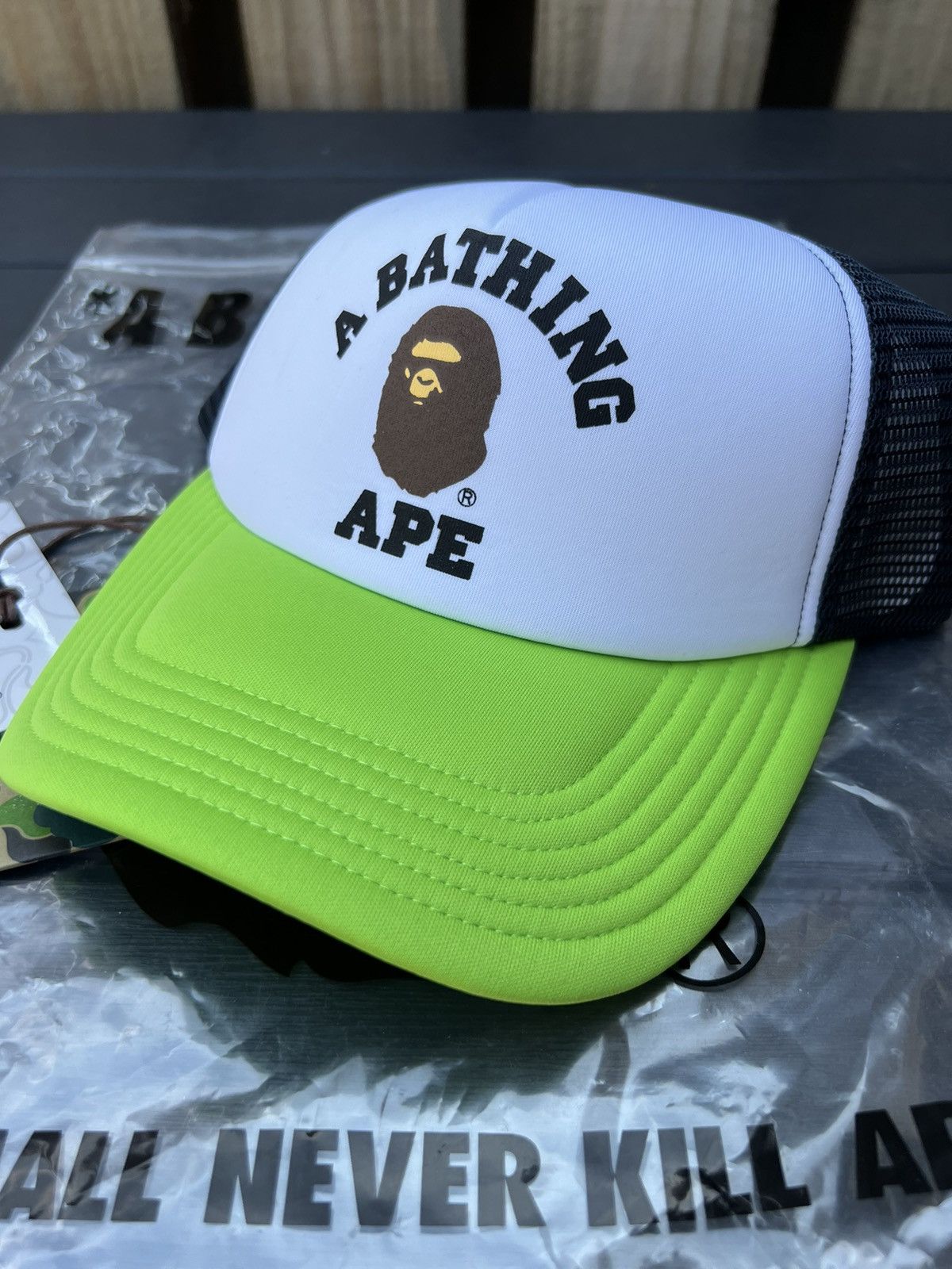 Bape Bape College Logo Mesh Trucker Hat Lime Green Size ONE SIZE - 4 Thumbnail