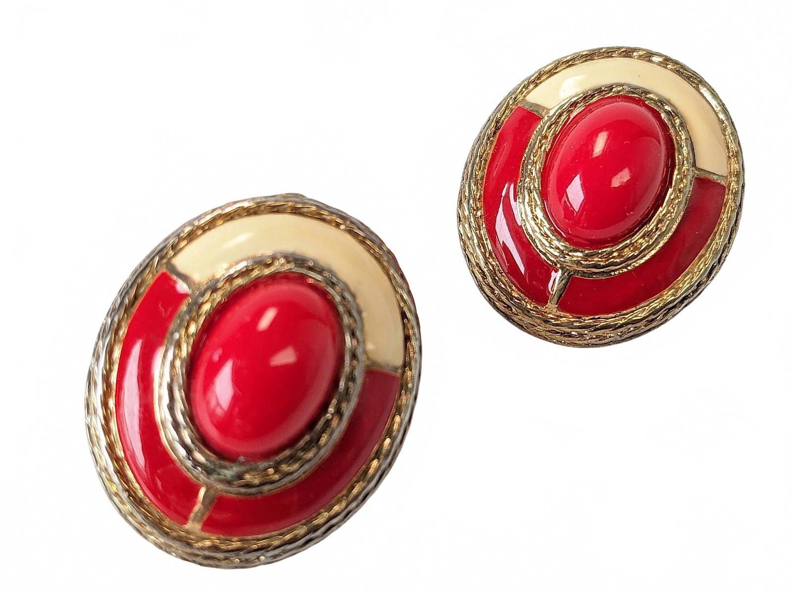 Vintage Enamel China Costume Earrings Red Cream Jewelry Oval, Women's