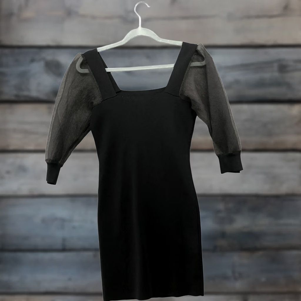 Mango MNG Black Mini Dress Size S Puff Sleeve Square Neck Knit Bodycon Swt Sweater Dress, Viscose Nylon, Short, Regular, Women Size S / US 4 / IT 40 - 1 Thumbnail