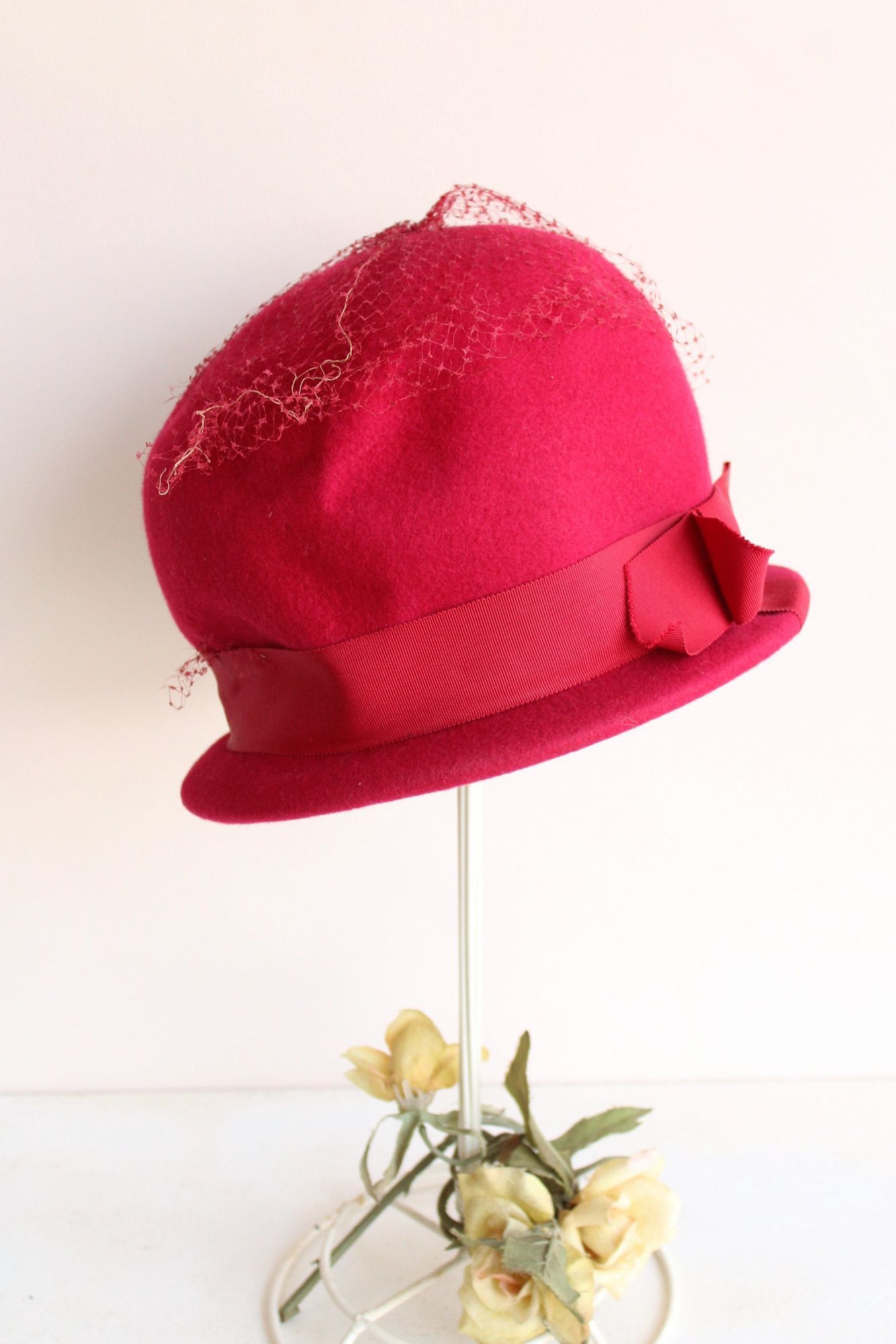 Vintage Vintage 1960s Hat, Red Wool Felt with Veil Trim and Bow, Mil Size ONE SIZE - 3 Thumbnail