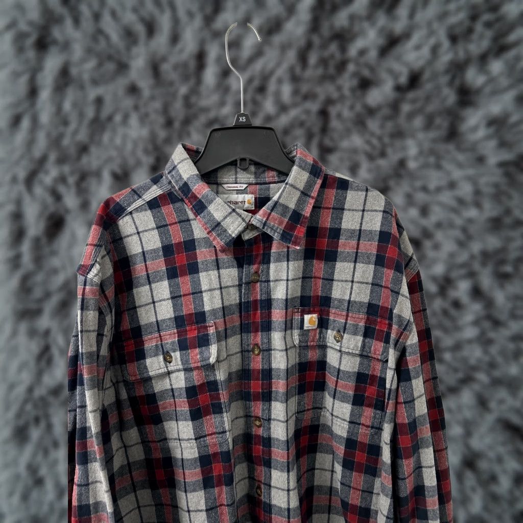 Carhartt Carhartt Hubbard Shirt Mens XL Red Plaid Flannel Button-Down L/S 8 Oz Heavyweight Cotton Pockets Workwear Sl tie? Size US XL / EU 56 / 4 - 1 Thumbnail