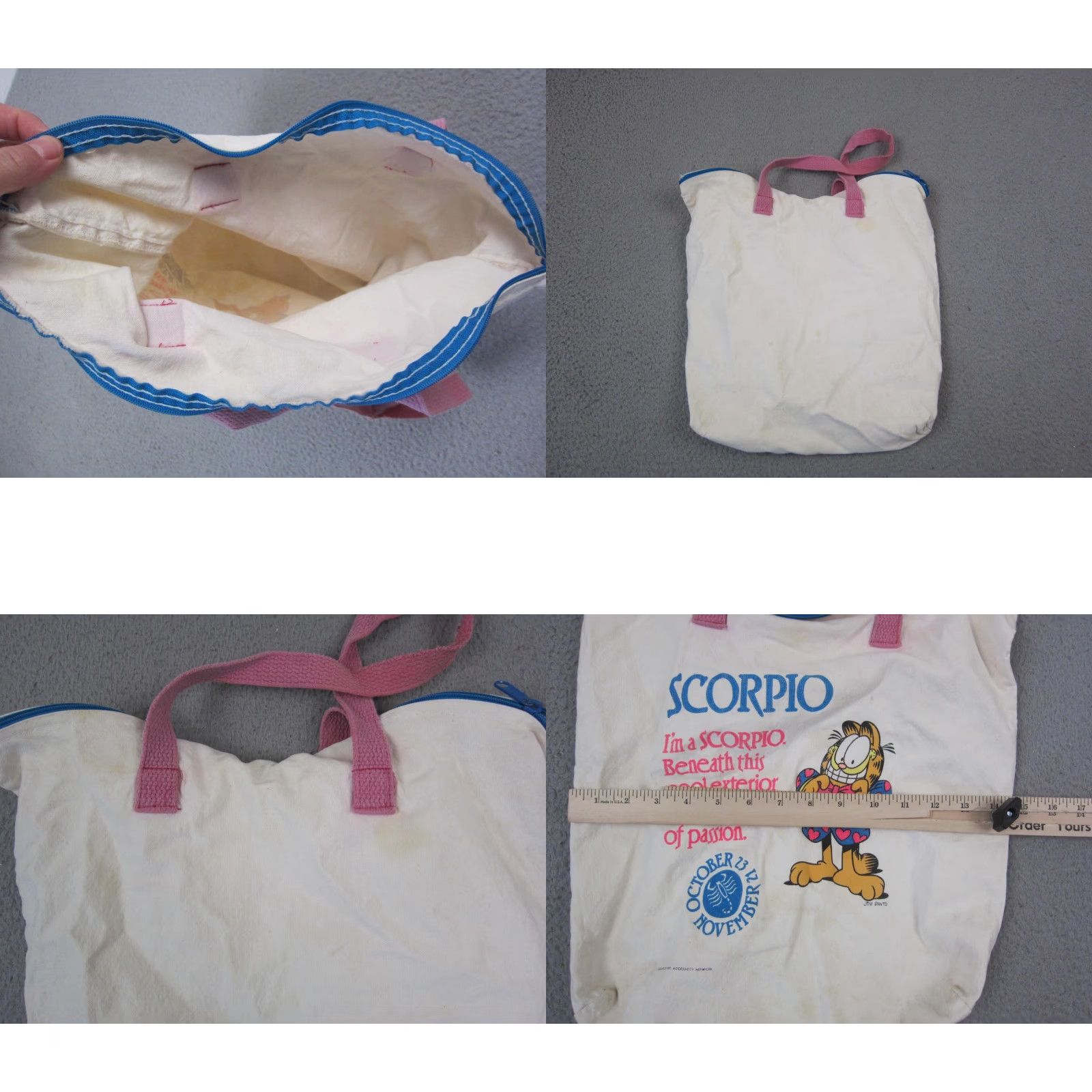 Vintage VINTAGE Garfield Tote Bag Creme White Scorpio Zodiac Cartoon Jim Davis Canvas Tote Unisex Adults Medium Pink Handle/Strap Size ONE SIZE - 8 Thumbnail