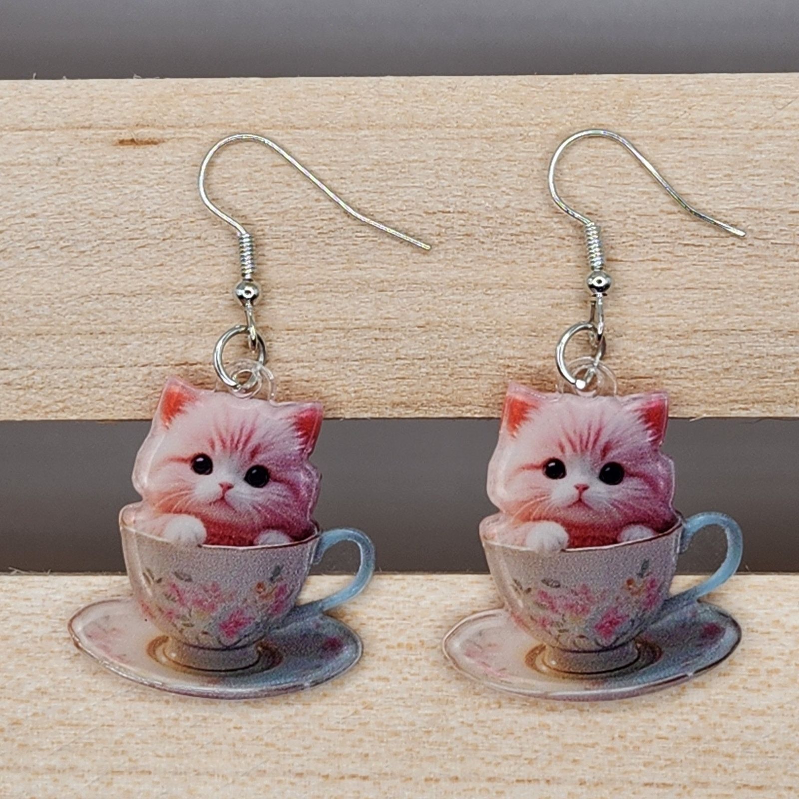 Other Pink Cat in Floral Teacup Acrylic Earrings Size ONE SIZE - 4 Thumbnail