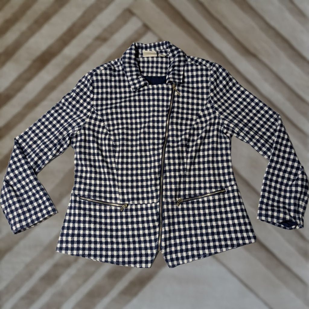 Vintage CHICO'S Women Jacket Blue White Gingham Rayon Blend