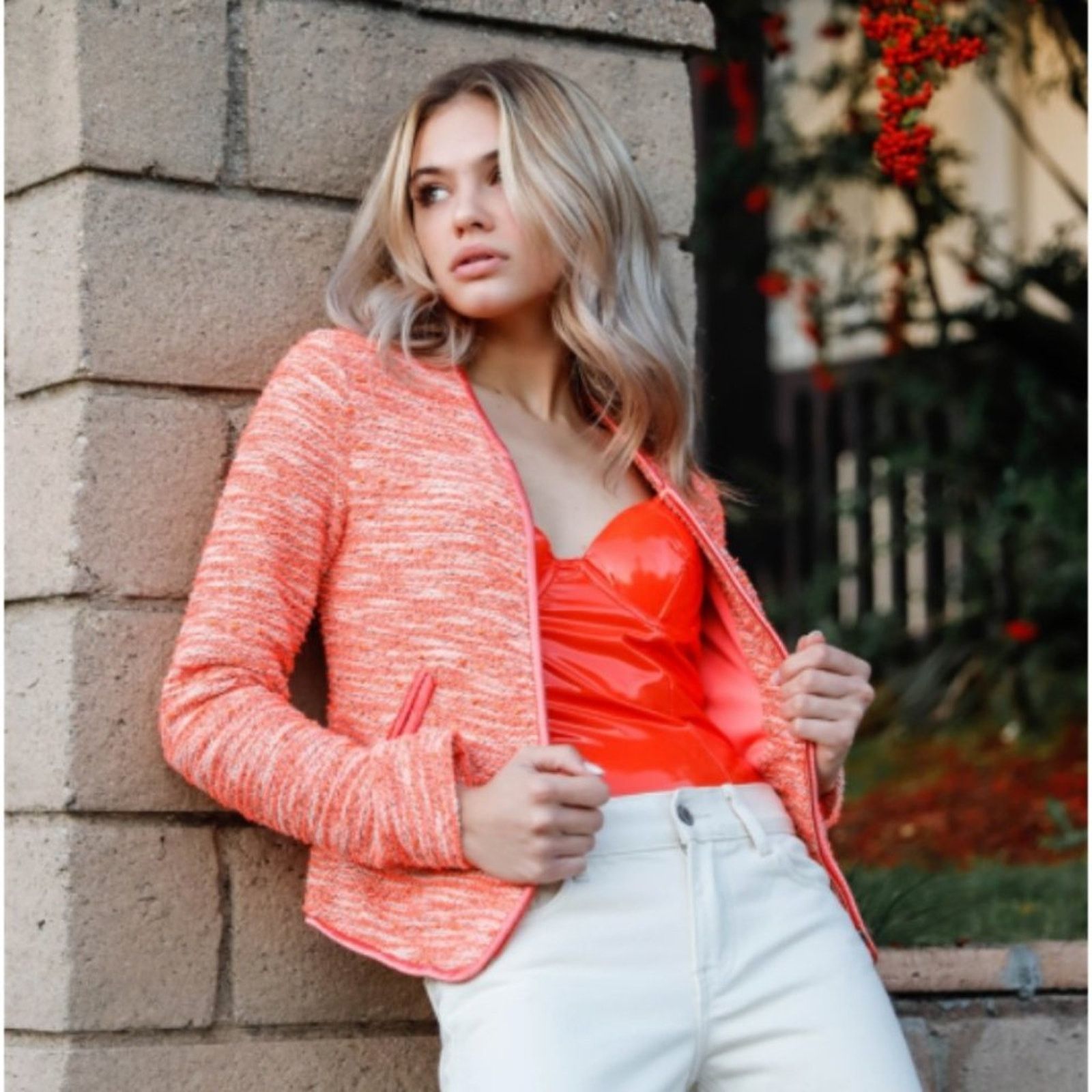 Other Orange Vintage Tweed Front Zip-Up Detail Jacket With Pockets Size XS / US 0-2 / IT 36-38 - 3 Thumbnail