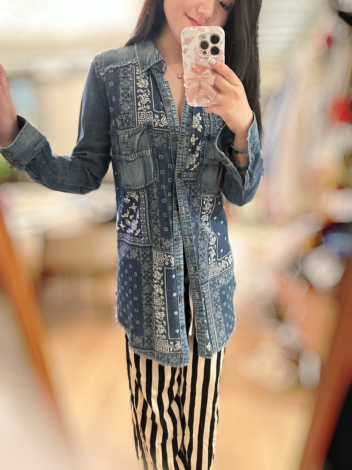 Free People blue and navy denim shirt dress with bandana print size S Size S / US 4 / IT 40 - 2 Thumbnail