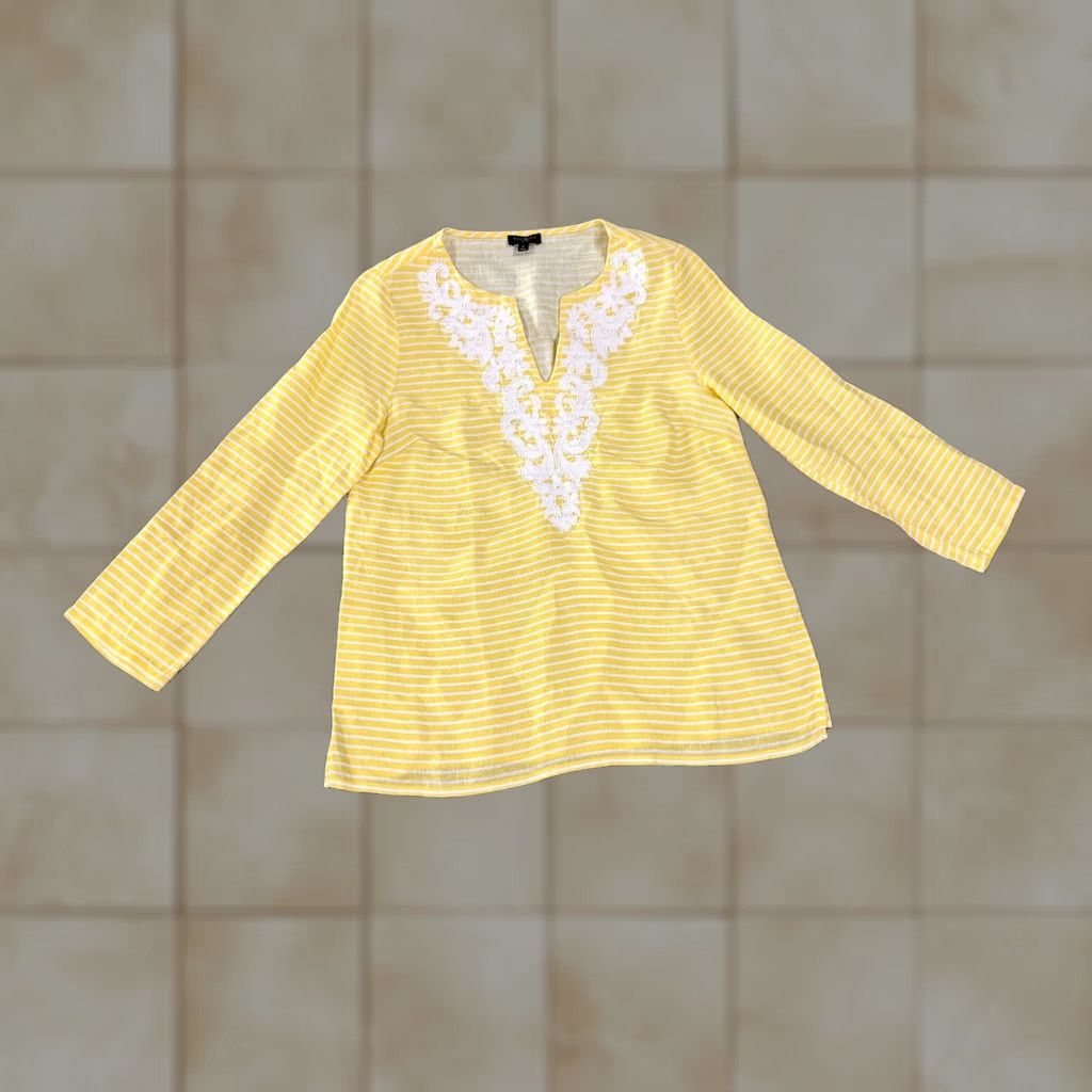 Talbots Talbots Blouse Womens Petite P Yellow White Striped Linen Embroidered Long Sleeve V-Neck Casual Workwear Size XXS / US 00 / IT 34 - 1 Thumbnail