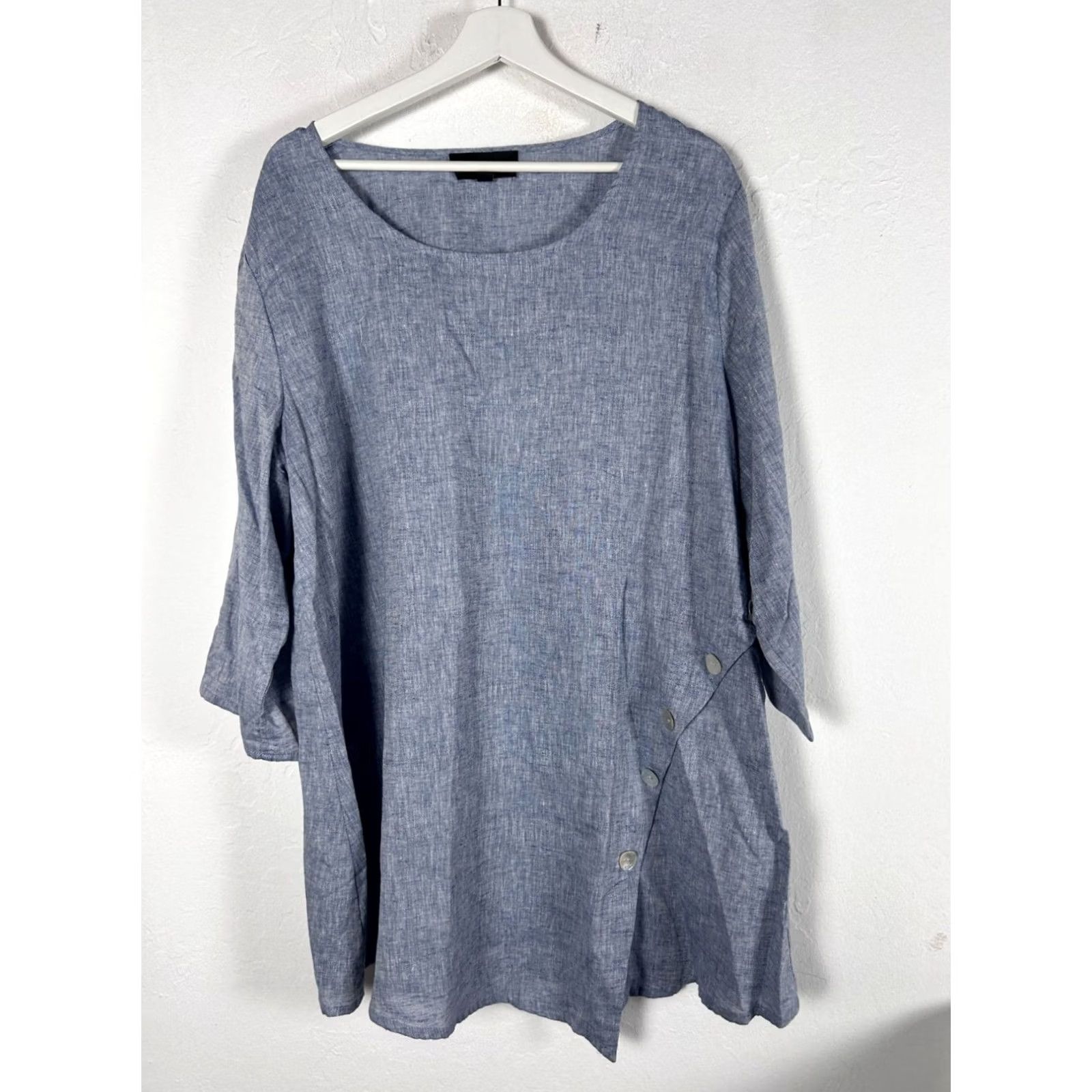 Jones New York Jones New York Womens Blue Linen Blend Tunic Top 1X Casual 3/4 Sleeve Button Detail White Round Neck Adult Plus Blues Size XL / US 12-14 / IT 48-50 - 2 Thumbnail